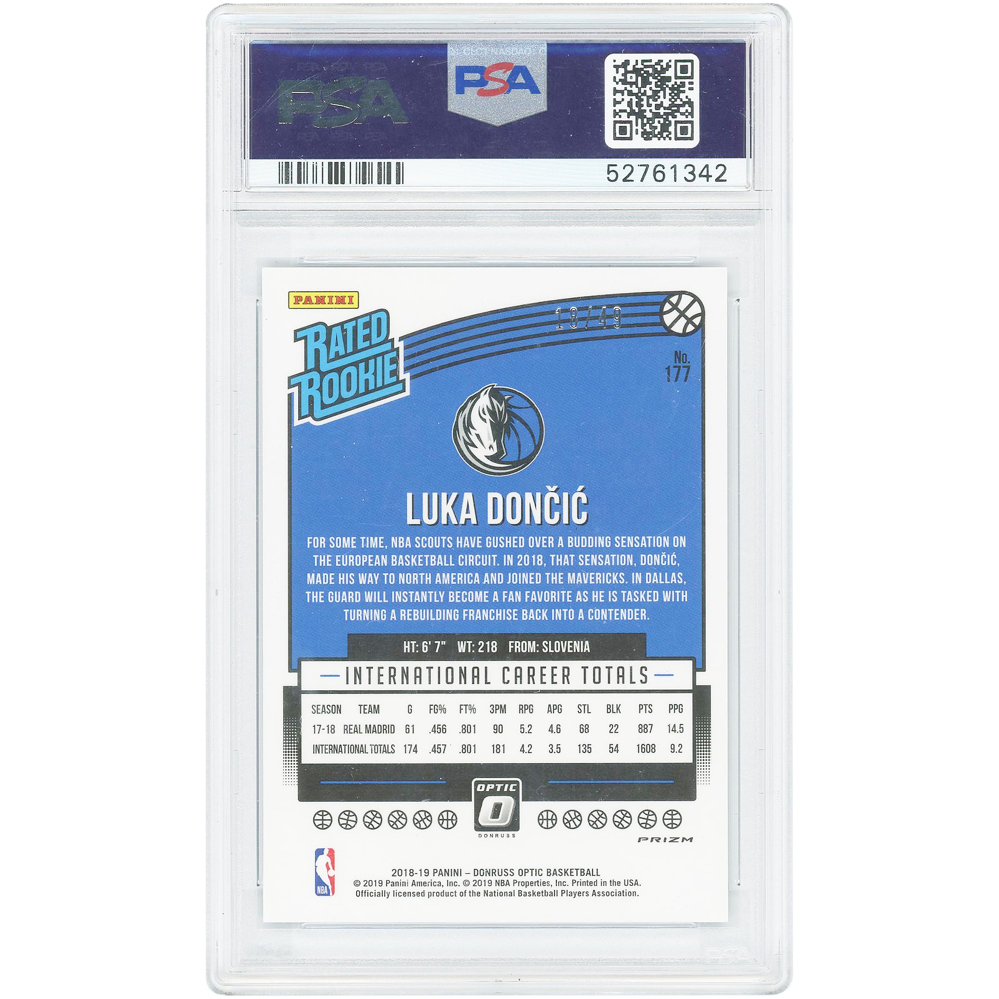 Luka Dončić Dallas Mavericks 2018 Panini Donruss Optic Blue #177 #18/49 PSA Authenticated 10 Rookie Card