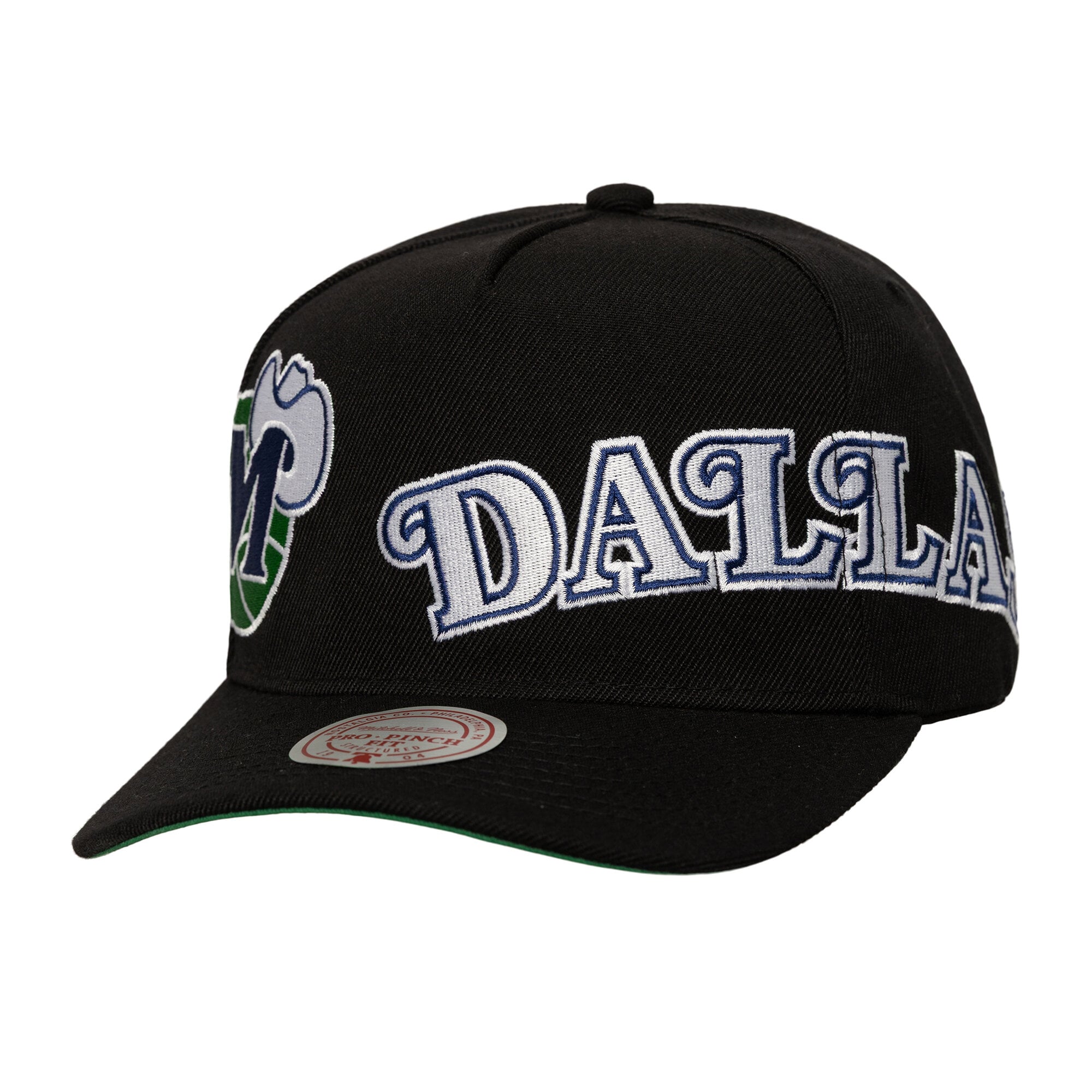 Men's Dallas Mavericks Mitchell & Ness Black Busted Logo Wordmark Wrap Around Pro Pinch Adjustable Hat