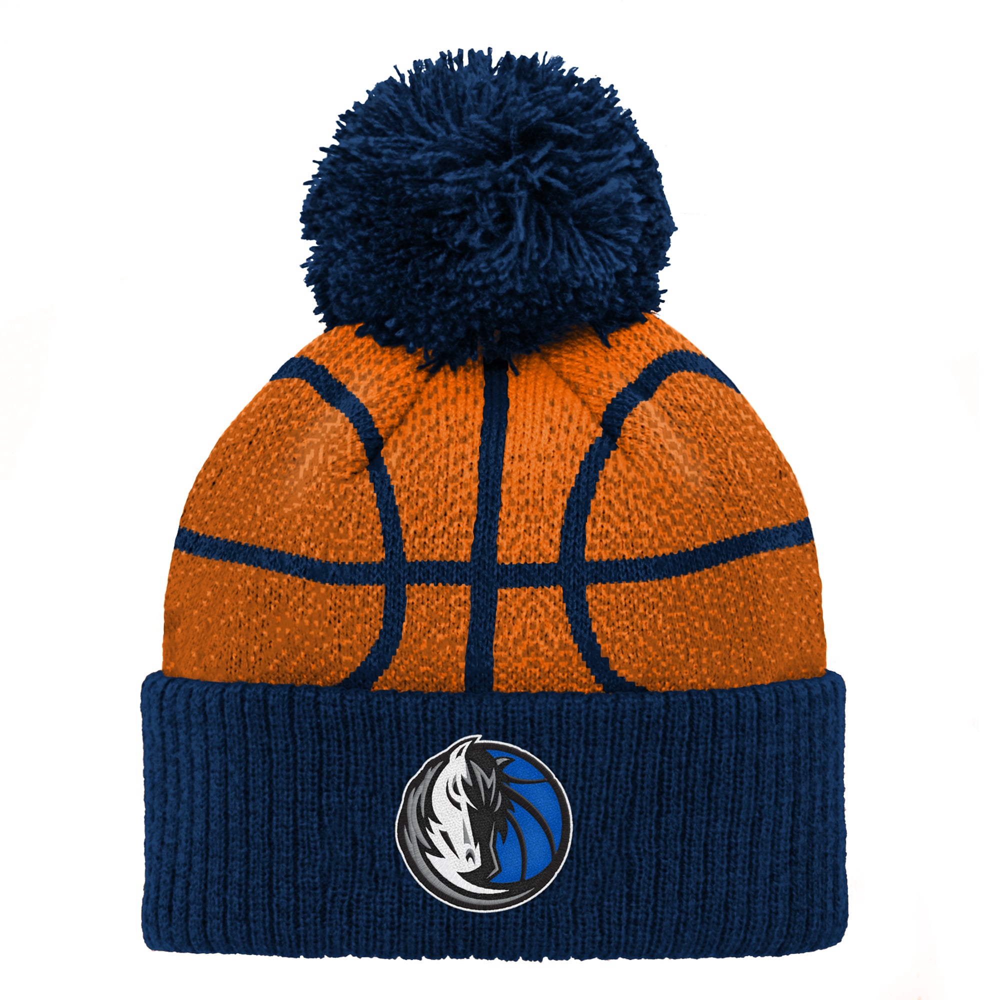 Bonnet tricoté à revers avec pompon, motif tête de basketteur des Dallas Mavericks, bleu marine, pour enfants d'âge préscolaire