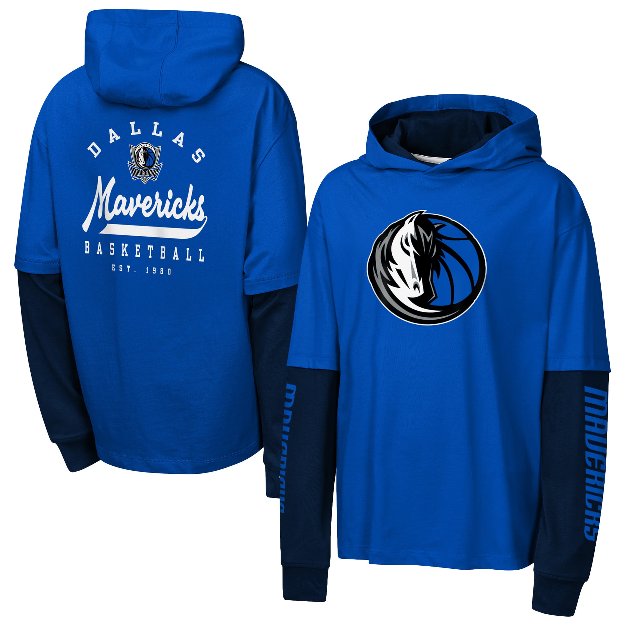 Youth Outerstuff Blue Dallas Mavericks Double Nickel Oversized Faux 2fer Hooded T-Shirt