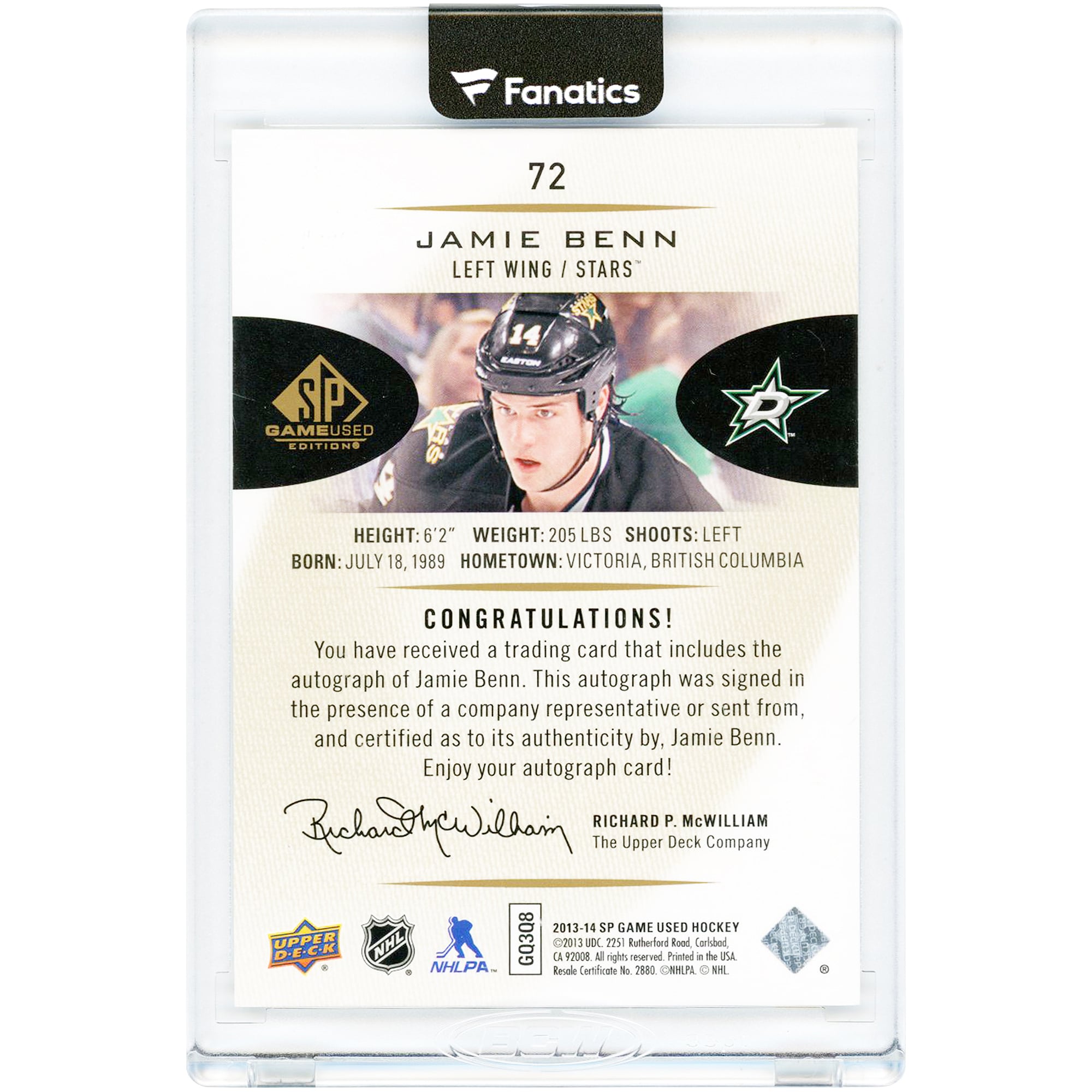 Carte autographiée Jamie Benn des Stars de Dallas, saison 2013-2014, Upper Deck SP, utilisée en match, numéro 72