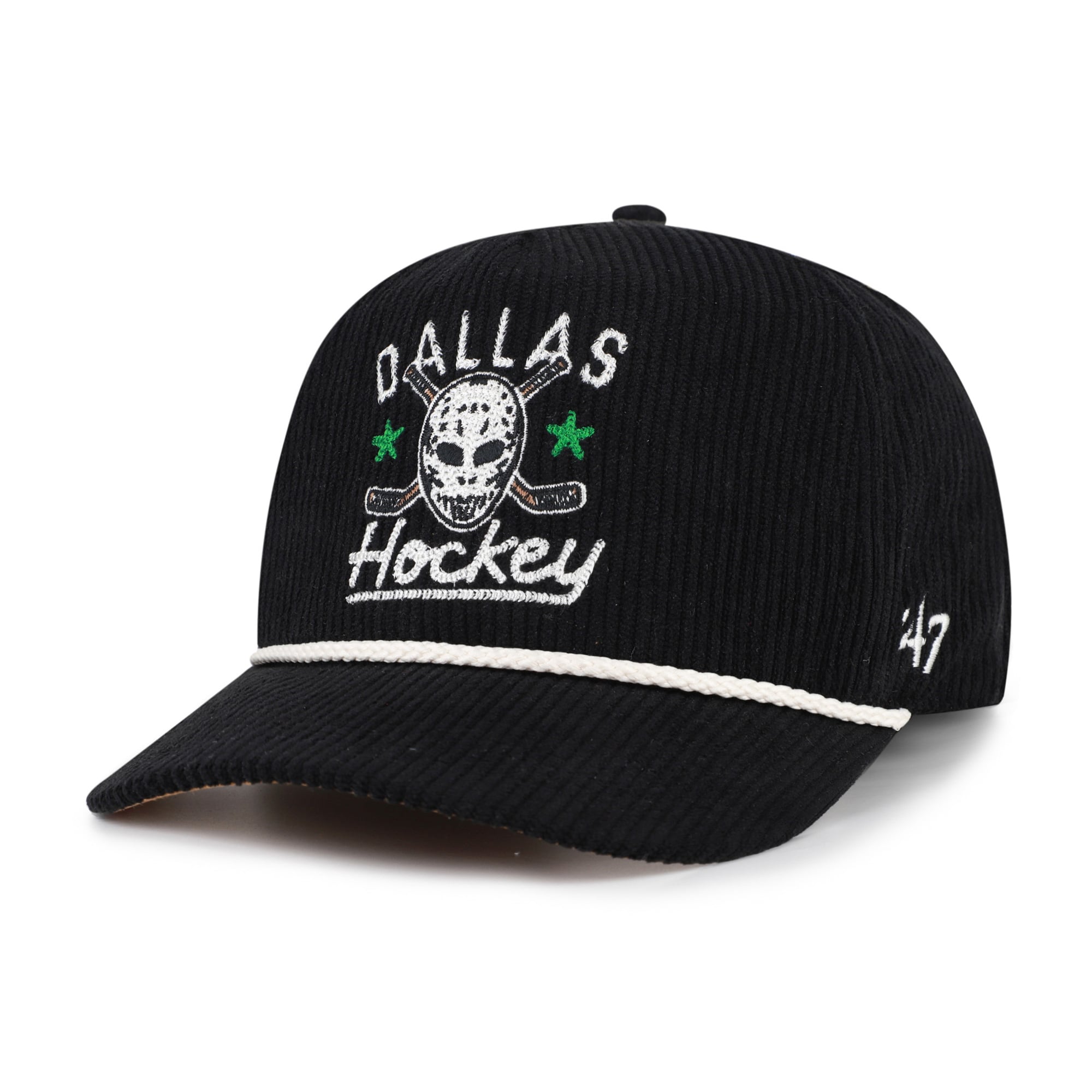 Masque de hockey Dallas Stars noir n° 47 pour homme, en velours côtelé avec boucle ajustable.