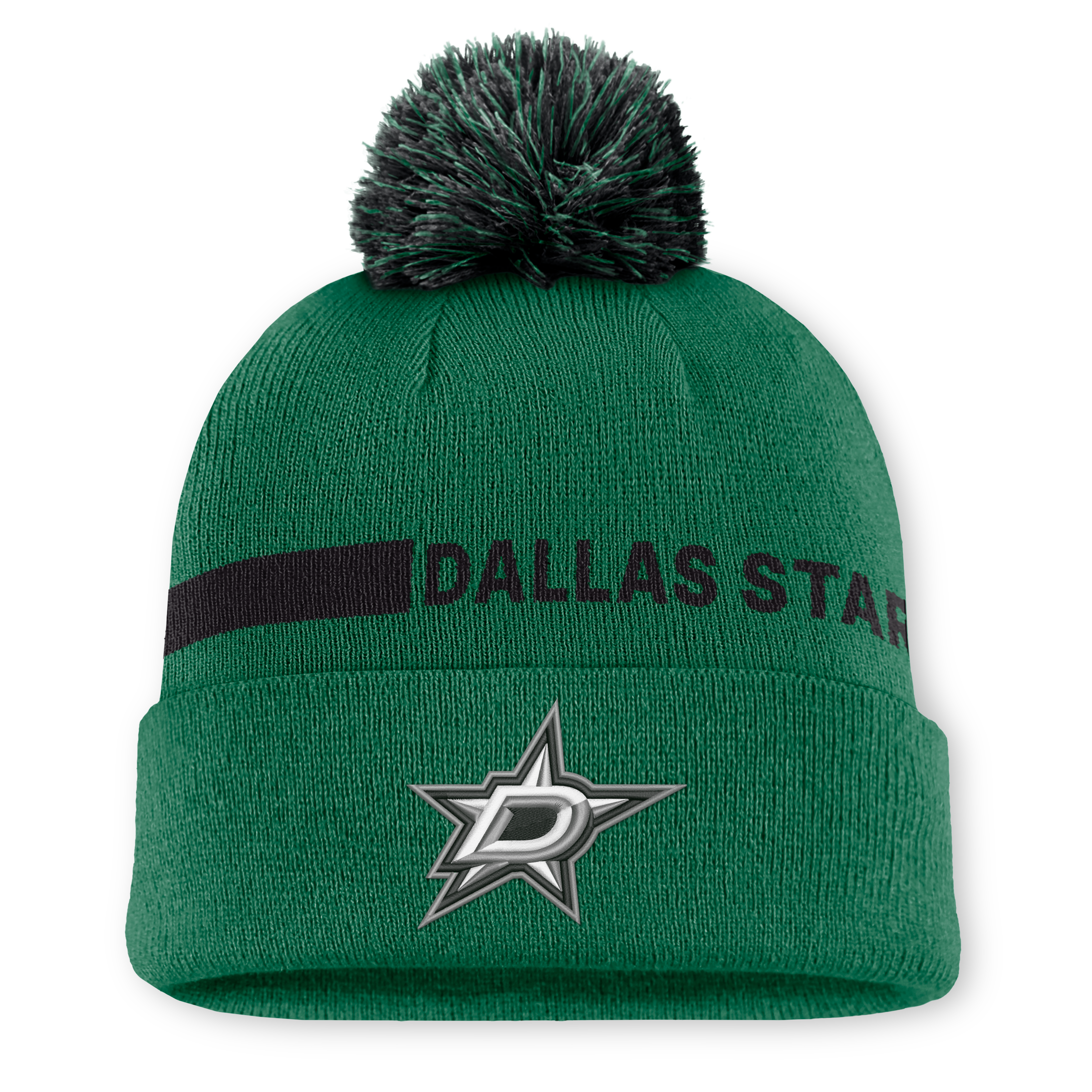 Bonnet tricoté à revers vert Kelly des Dallas Stars de Fanatics pour homme, avec pompon
