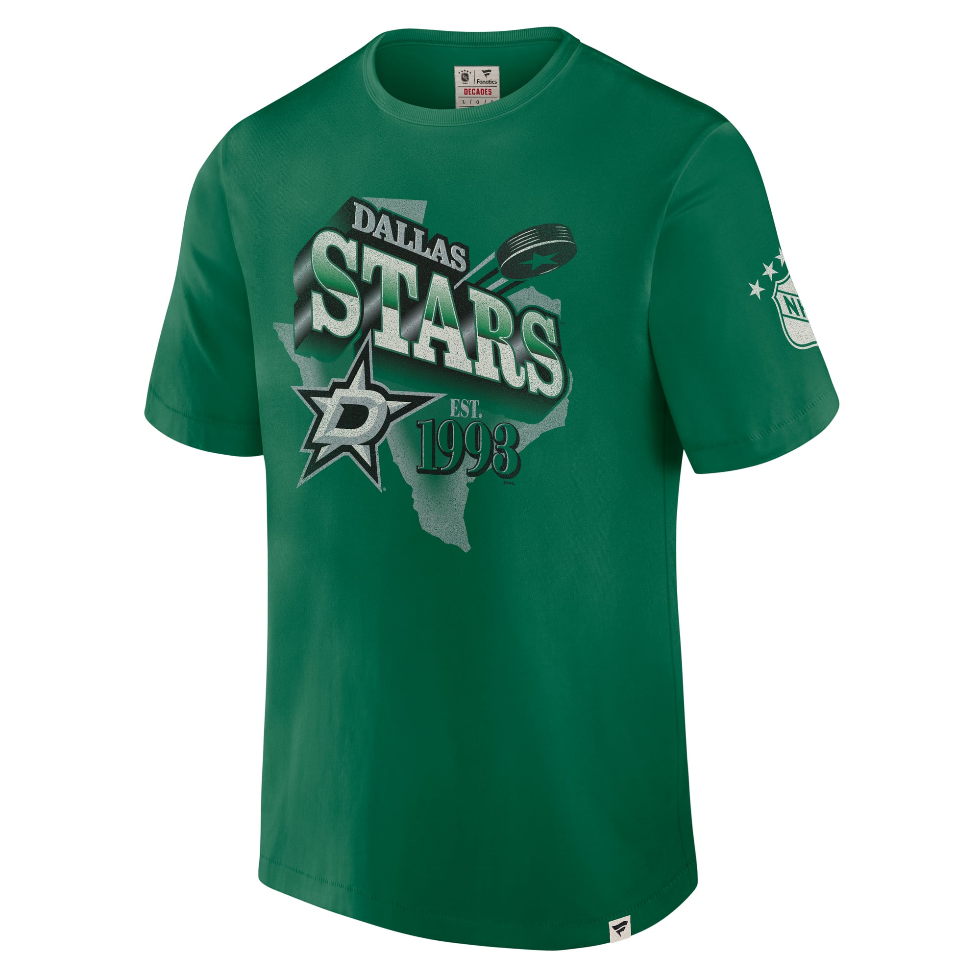 T-shirt pour homme Fanatics Kelly Green Dallas Stars Collection Décennies, conçu durer