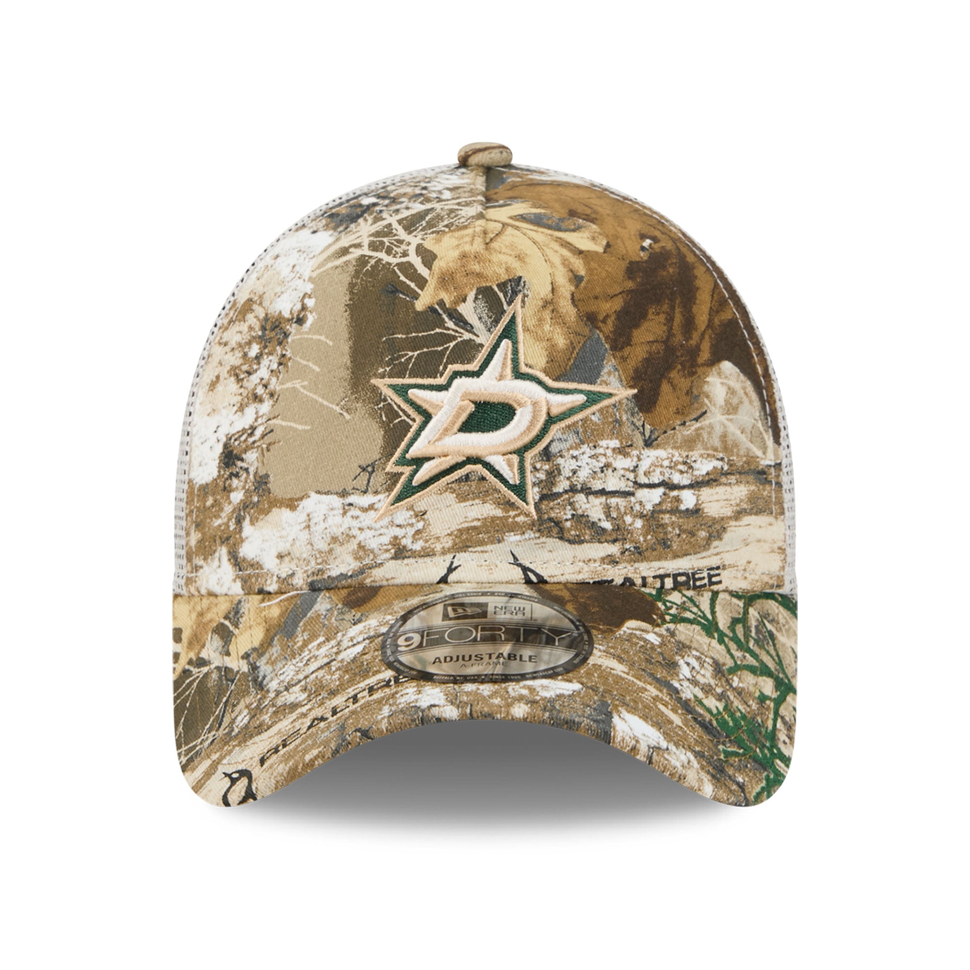 Men's New Era Camo Dallas Stars Real Tree A-Frame 9FORTY Adjustable Trucker Hat