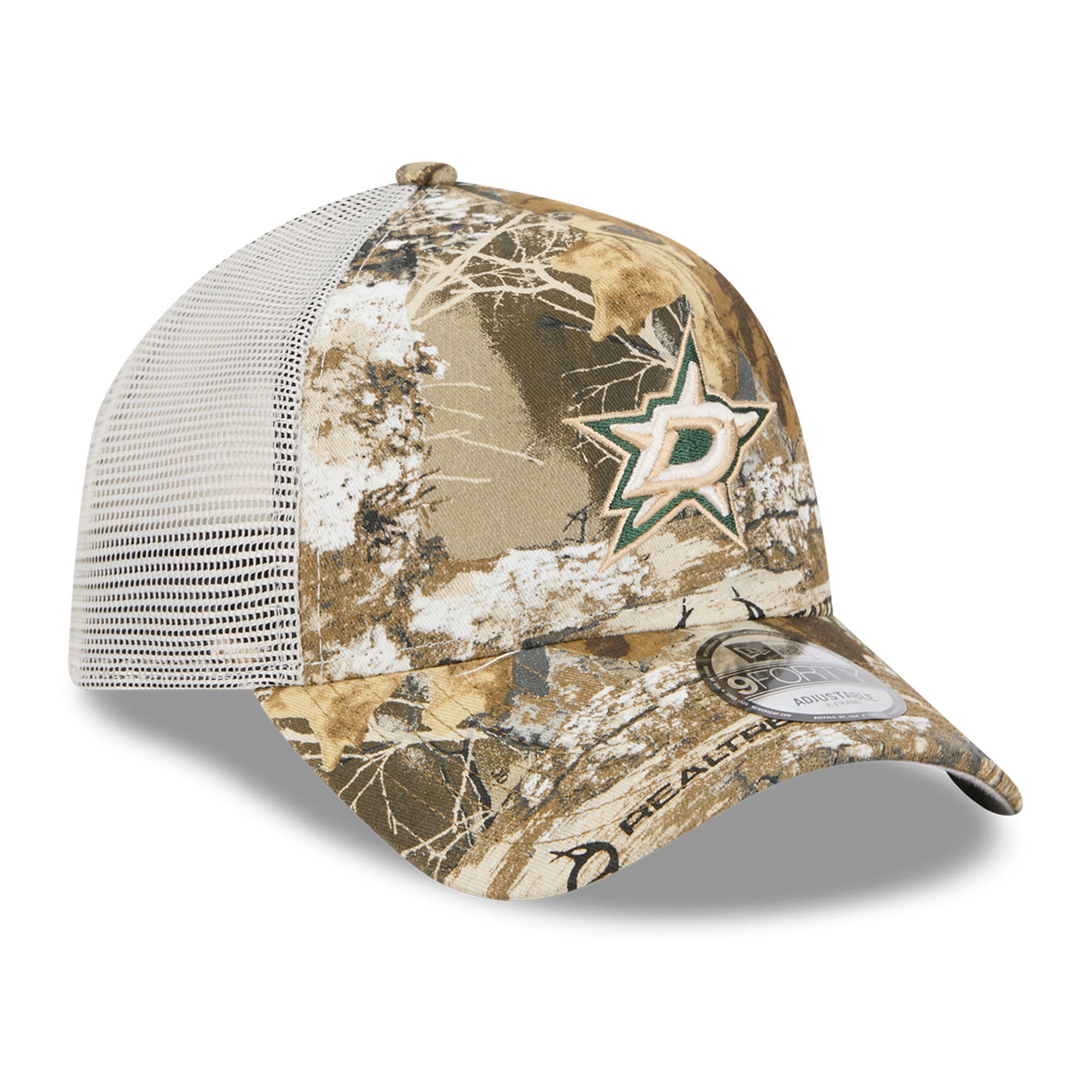 Men's New Era Camo Dallas Stars Real Tree A-Frame 9FORTY Adjustable Trucker Hat