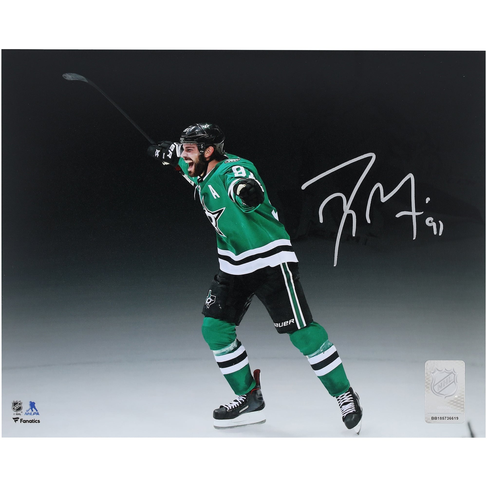 Photo de Tyler Seguin, joueur des Stars de Dallas, autographiée (8 x 10 pouces), maillot vert Kelly, lors de sa célébration.