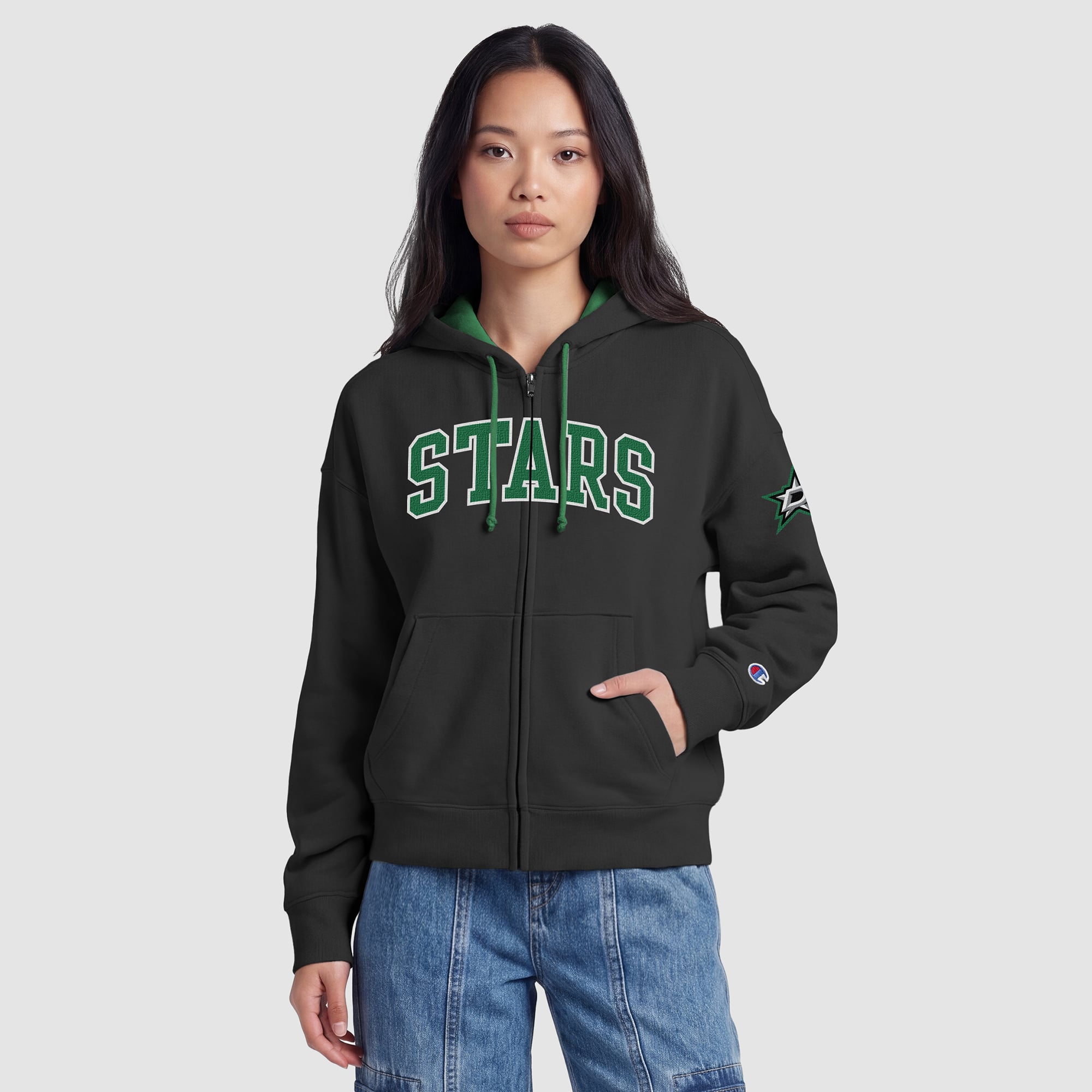 Women's Champion Black/Kelly Green Dallas Stars Applique Full-Zip Fleece Hoodie