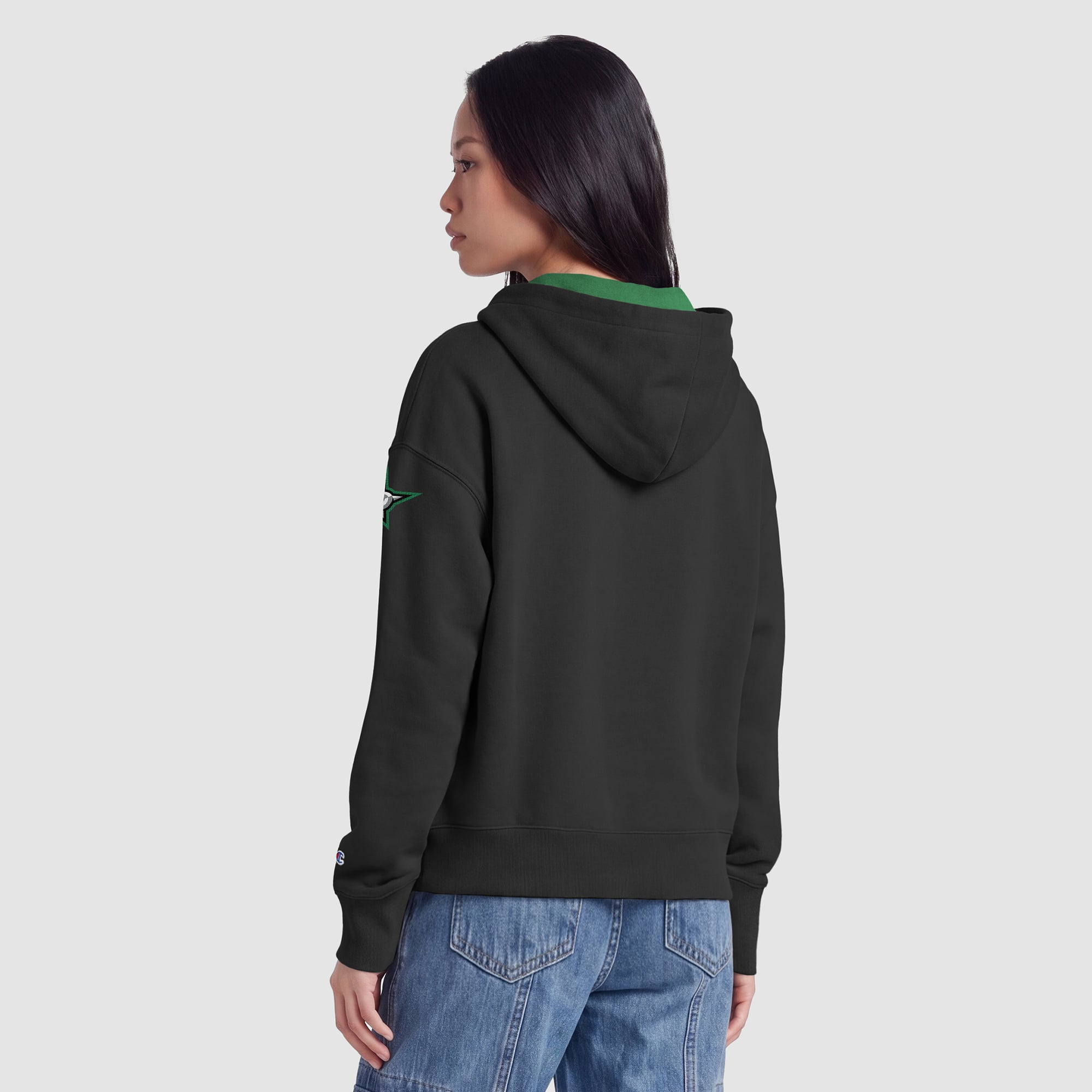Women's Champion Black/Kelly Green Dallas Stars Applique Full-Zip Fleece Hoodie