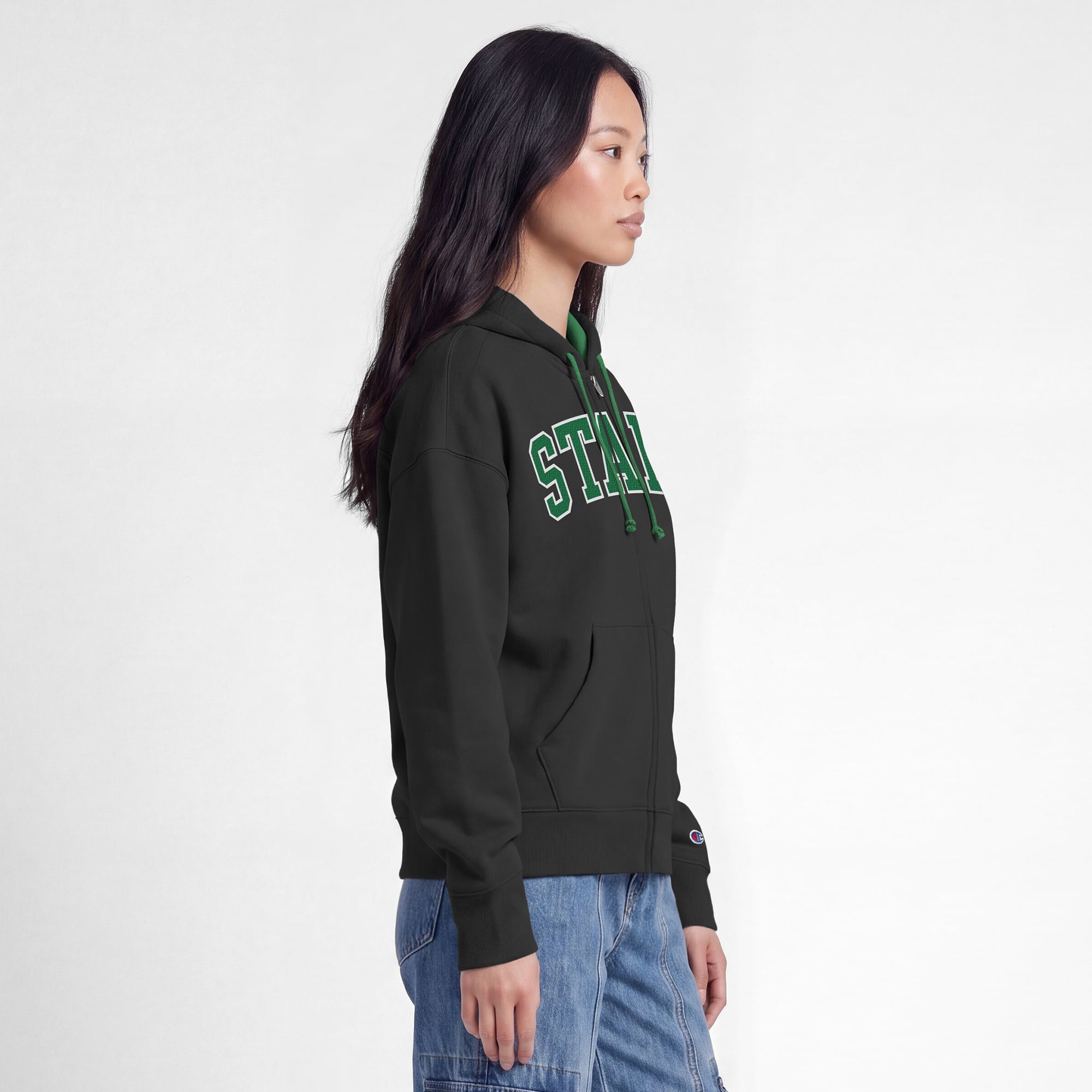 Women's Champion Black/Kelly Green Dallas Stars Applique Full-Zip Fleece Hoodie