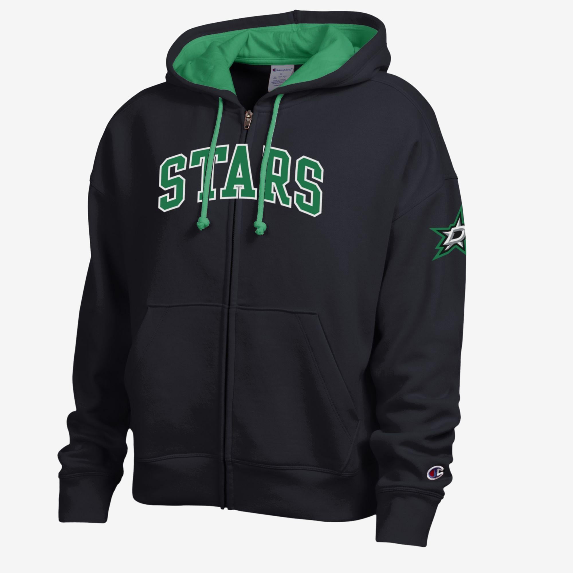 Women's Champion Black/Kelly Green Dallas Stars Applique Full-Zip Fleece Hoodie