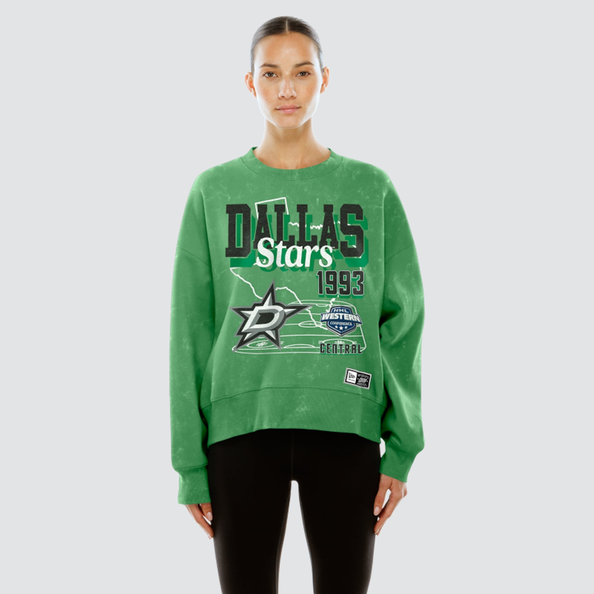 Women's New Era  Kelly Green Dallas Stars Throwback Mineral Wash French Terry Crew Sweatshirt