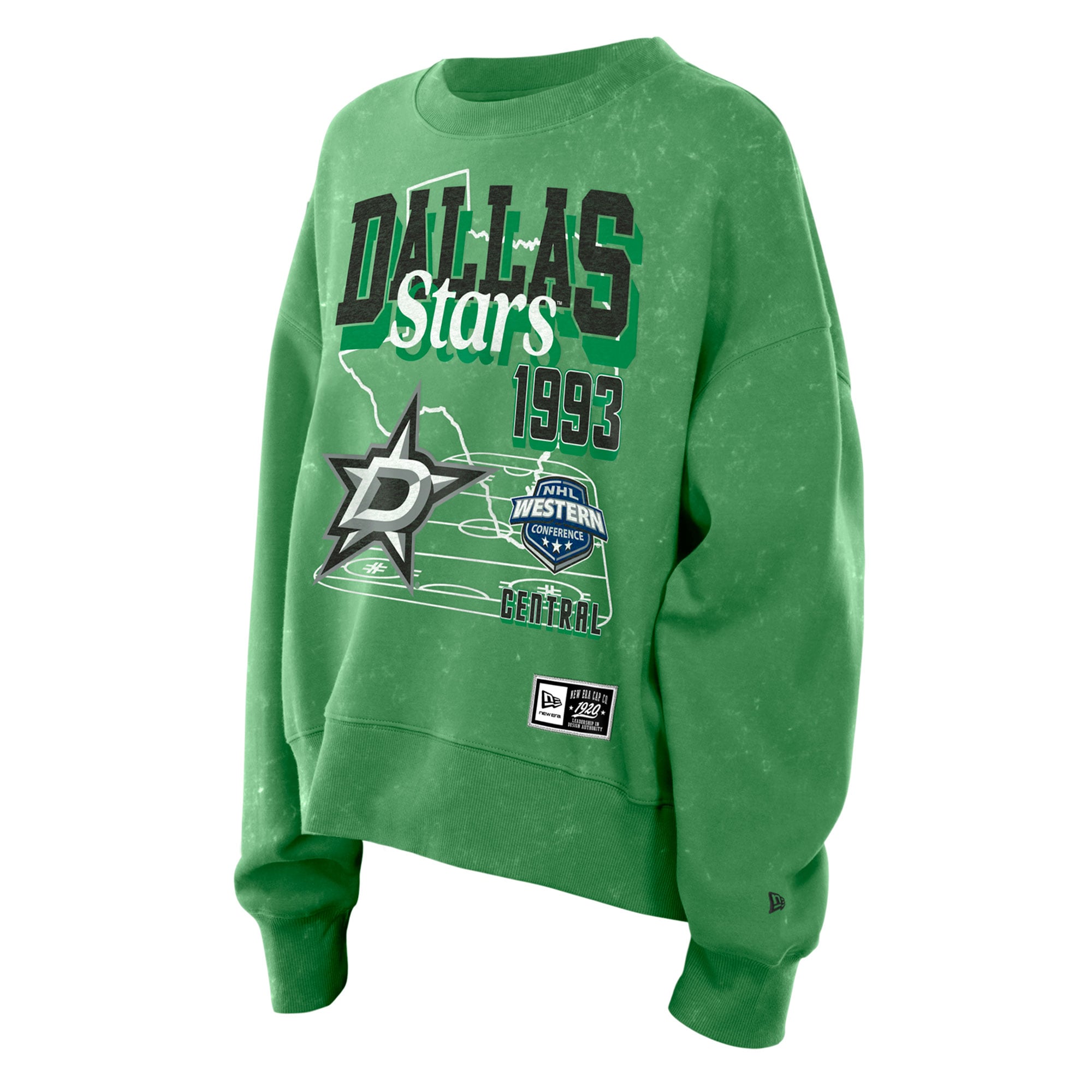 Women's New Era  Kelly Green Dallas Stars Throwback Mineral Wash French Terry Crew Sweatshirt