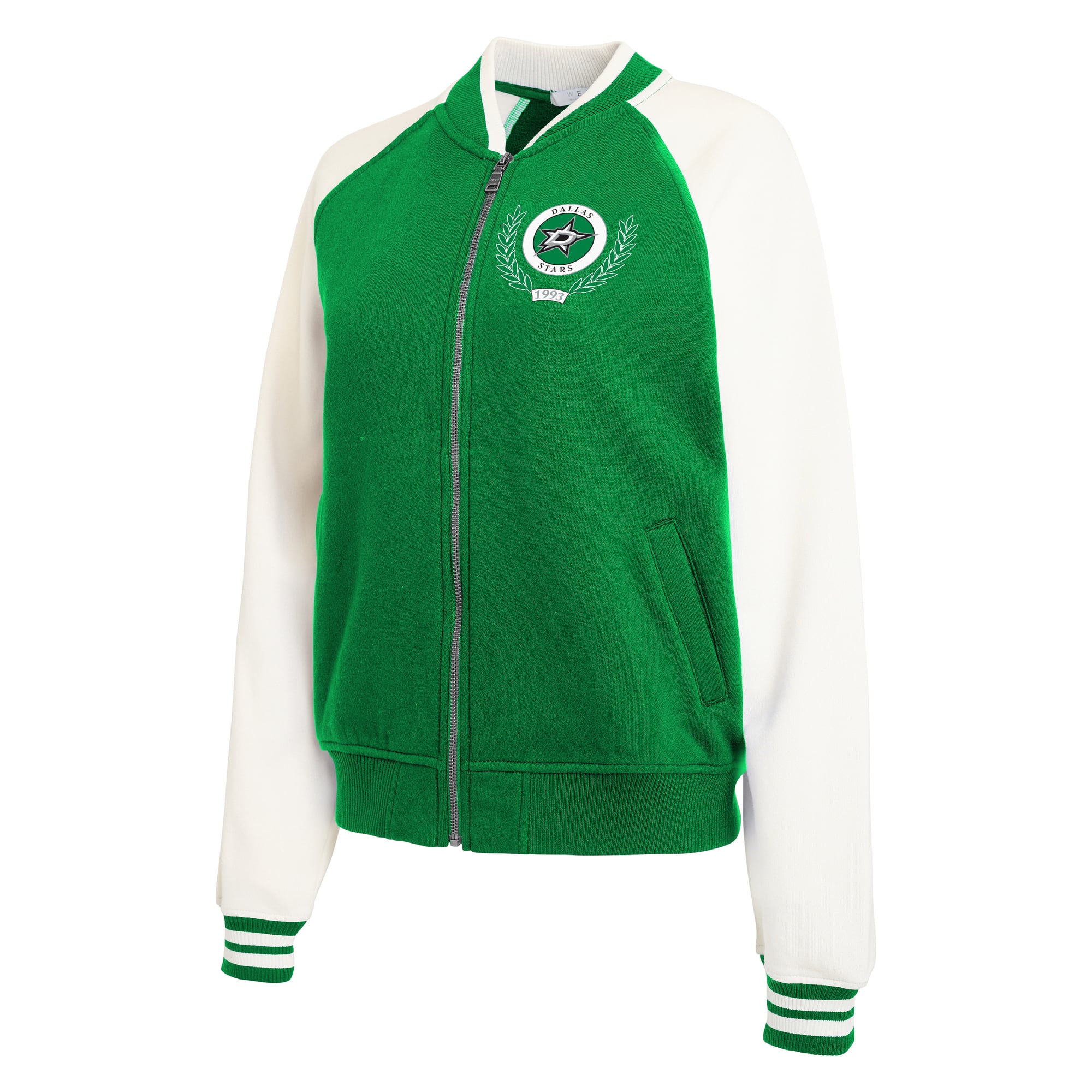 Women's WEAR by Erin Andrews Kelly Green/White Dallas Stars Fleece Varsity Full-Zip Jacket