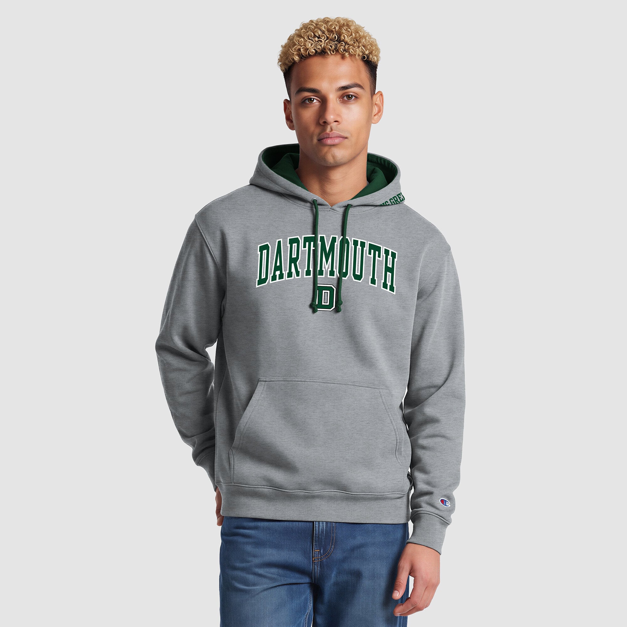 Men's Champion Heather Gray/Green Dartmouth Big Green Contrast Hoodie