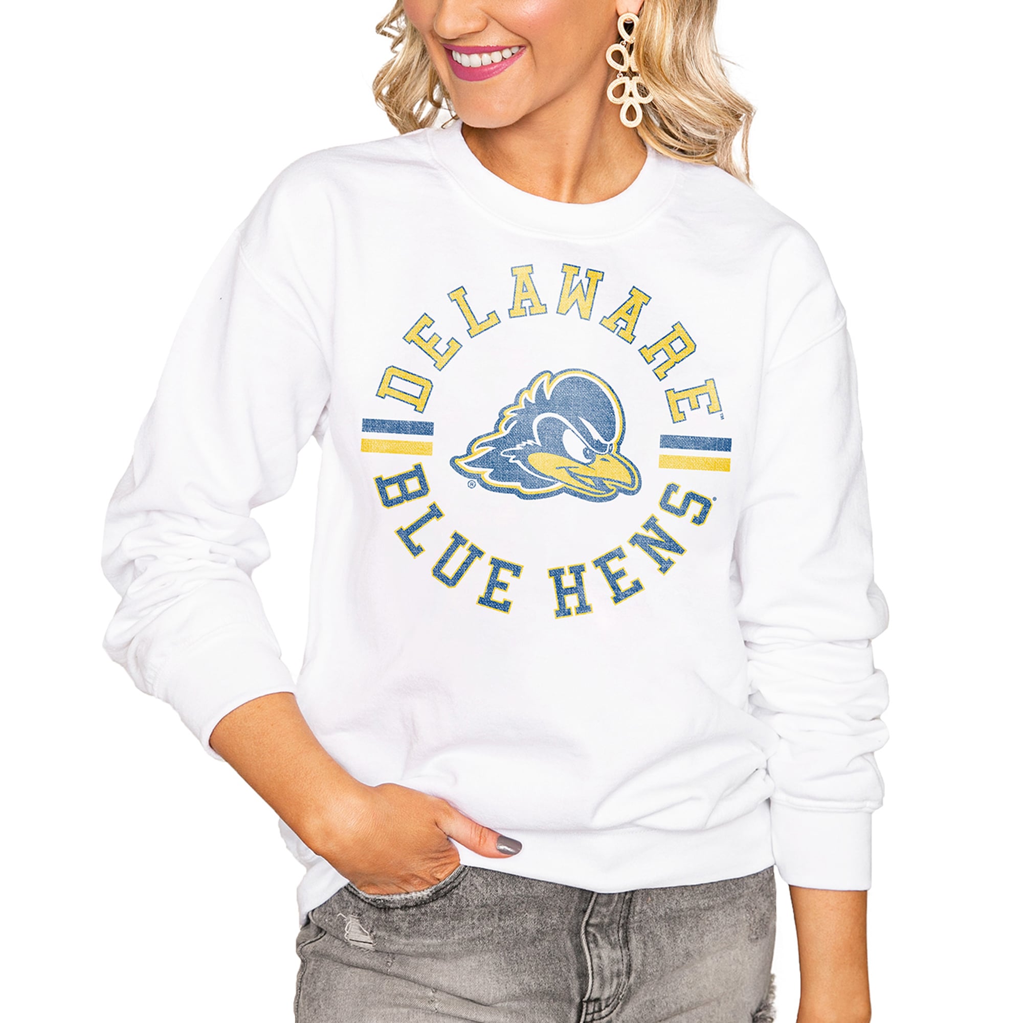 Sweat-shirt oversize vintage Perfect Crew blanc Delaware Fightin' Blue Hens pour femmes, collection Gameday Couture