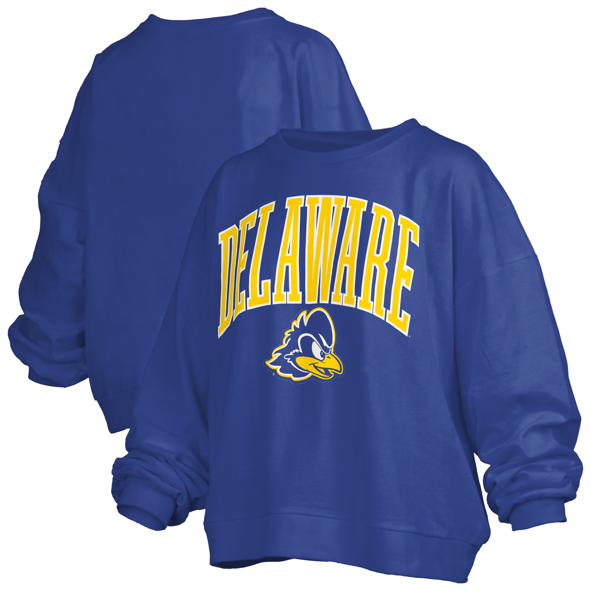 Women's Pressbox Royal Delaware Fightin' Blue Hens Oversized Janise Arch Over Logo Fleece Sweatshirt