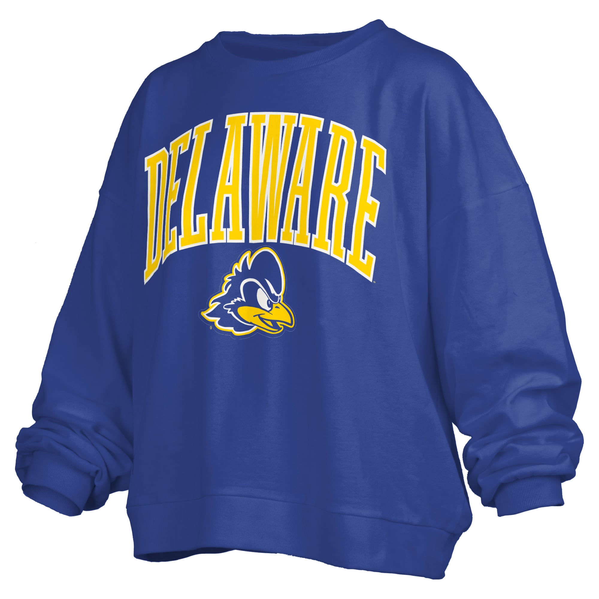 Women's Pressbox Royal Delaware Fightin' Blue Hens Oversized Janise Arch Over Logo Fleece Sweatshirt