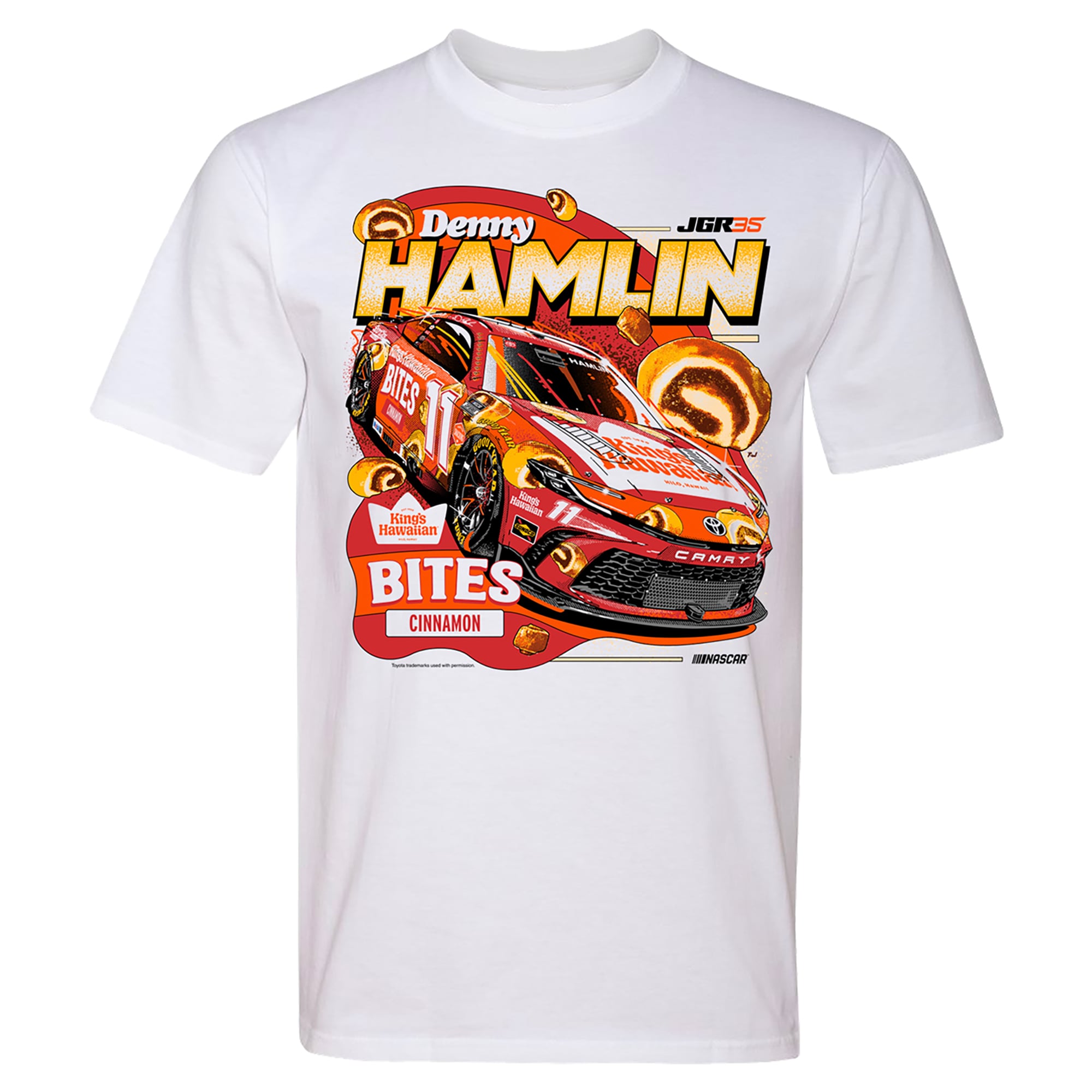 Men's Classic Ink White Denny Hamlin King's Hawaiian Cinnamon Bites T-Shirt