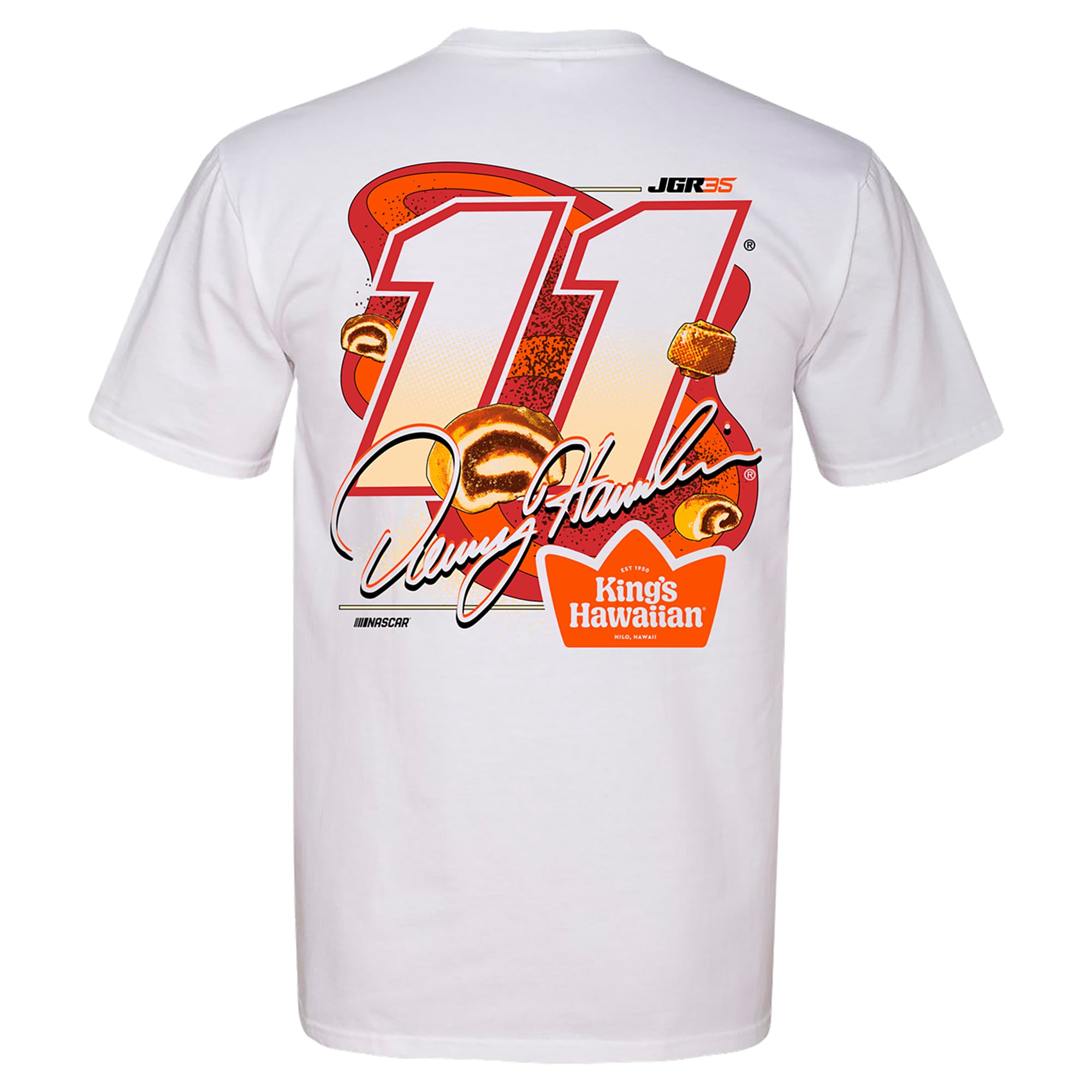 Men's Classic Ink White Denny Hamlin King's Hawaiian Cinnamon Bites T-Shirt