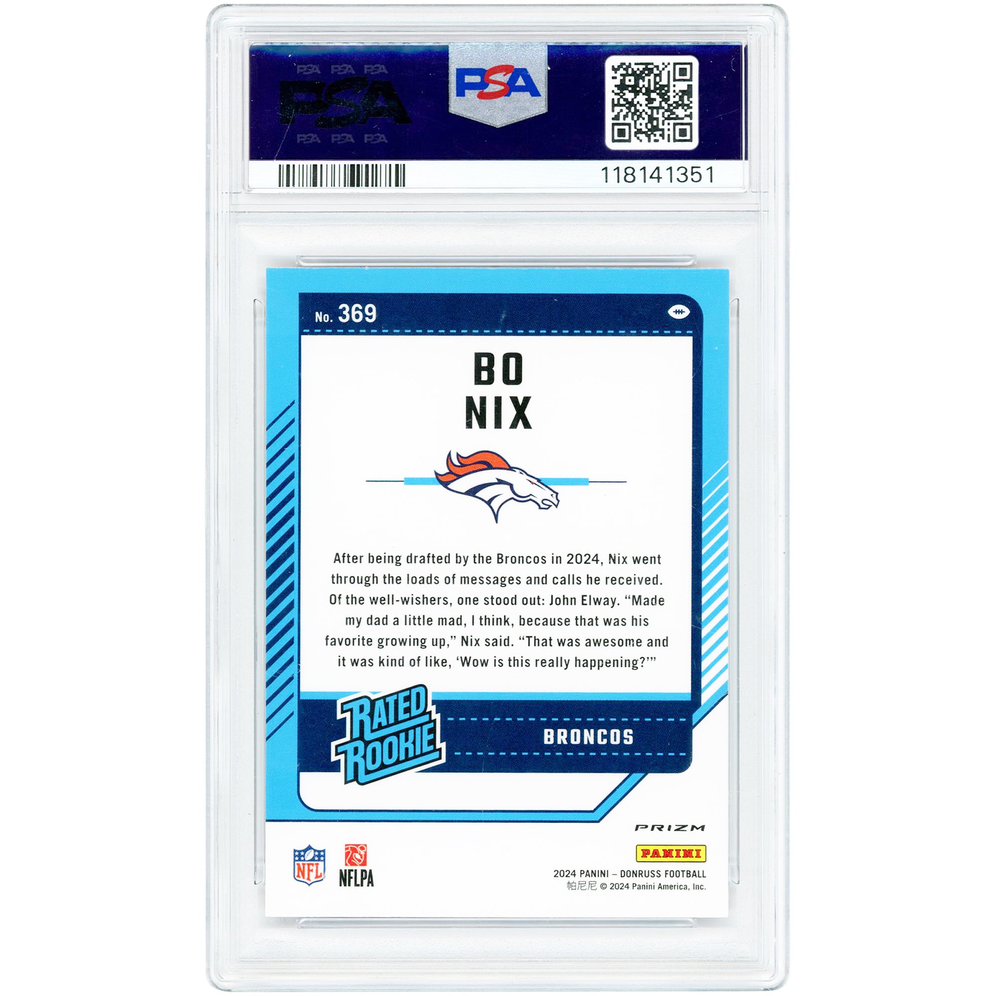Carte de recrue Bo Nix Denver Broncos 2024 Panini Donruss Optic Red Wave Prizm #369 authentifiée PSA 10