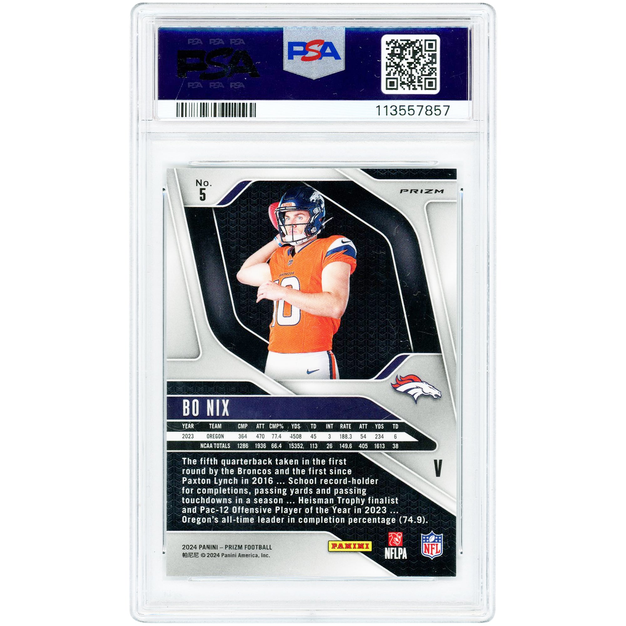Carte recrue Bo Nix Denver Broncos 2024 Panini Prizm Variation No Huddle Prizm #5 authentifiée PSA 10