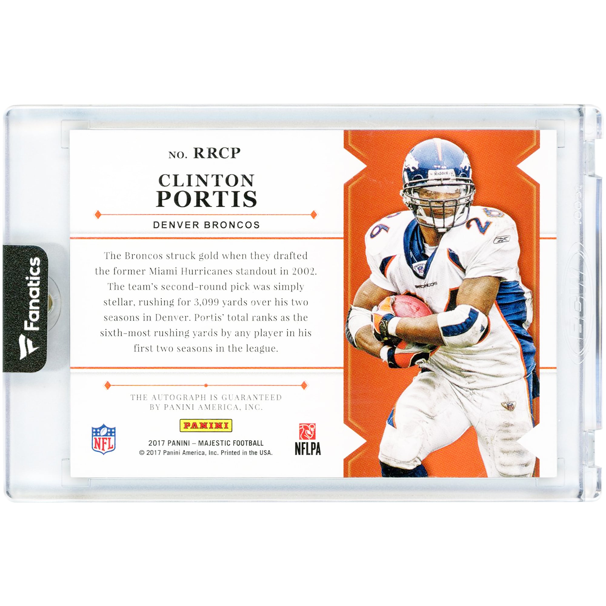 Carte autographiée par Clinton Portis des Broncos de Denver, collection Panini Majestic Regal Runners Gold Ink 2017, n° RRCP, n° 10/25