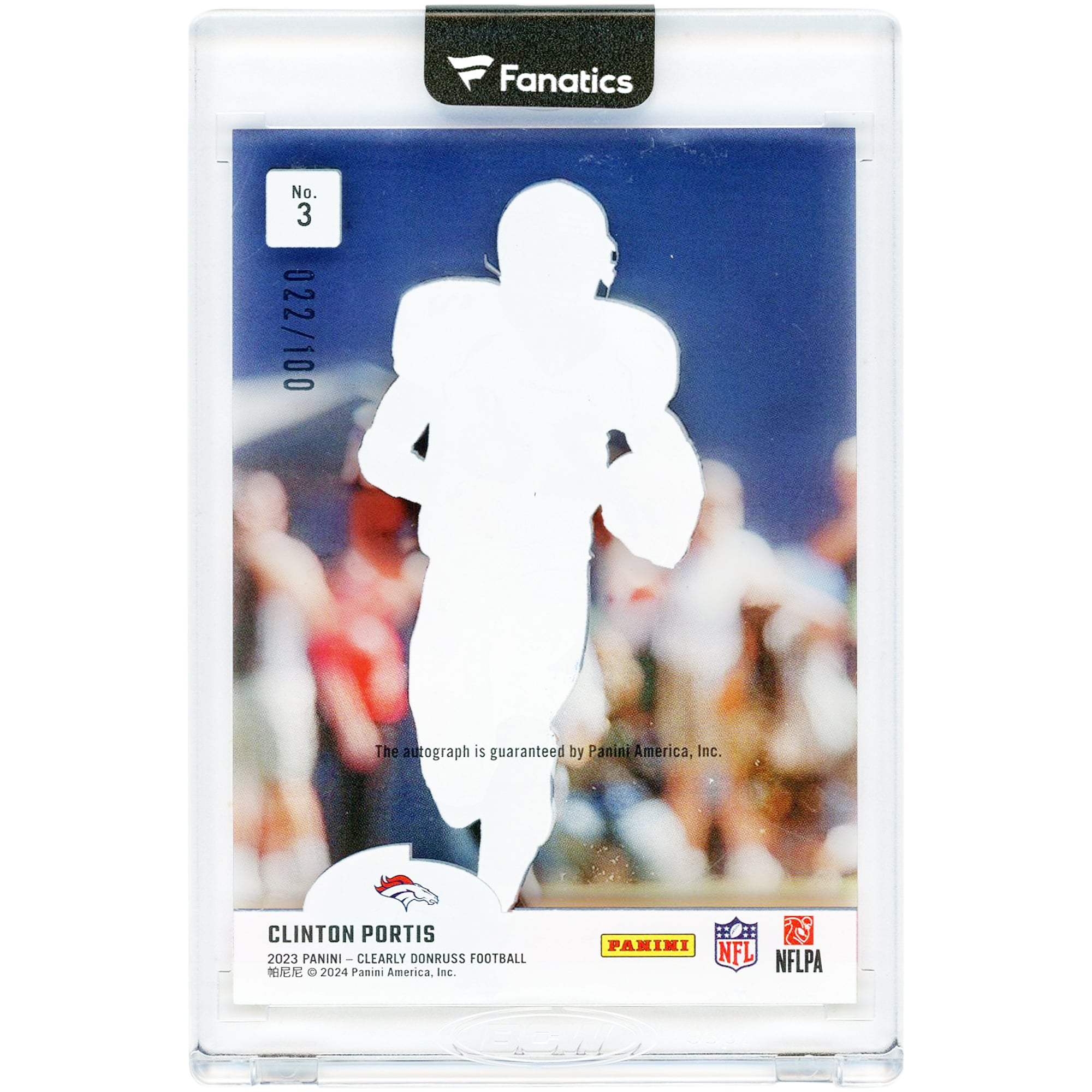 Carte autographiée de Clinton Portis (Denver Broncos) 2023 Panini Clearly Donruss n° 3, n° 22/100