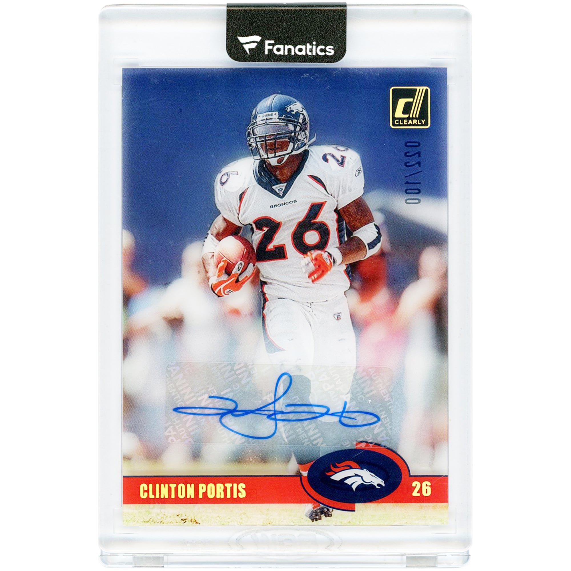 Carte autographiée de Clinton Portis (Denver Broncos) 2023 Panini Clearly Donruss n° 3, n° 22/100