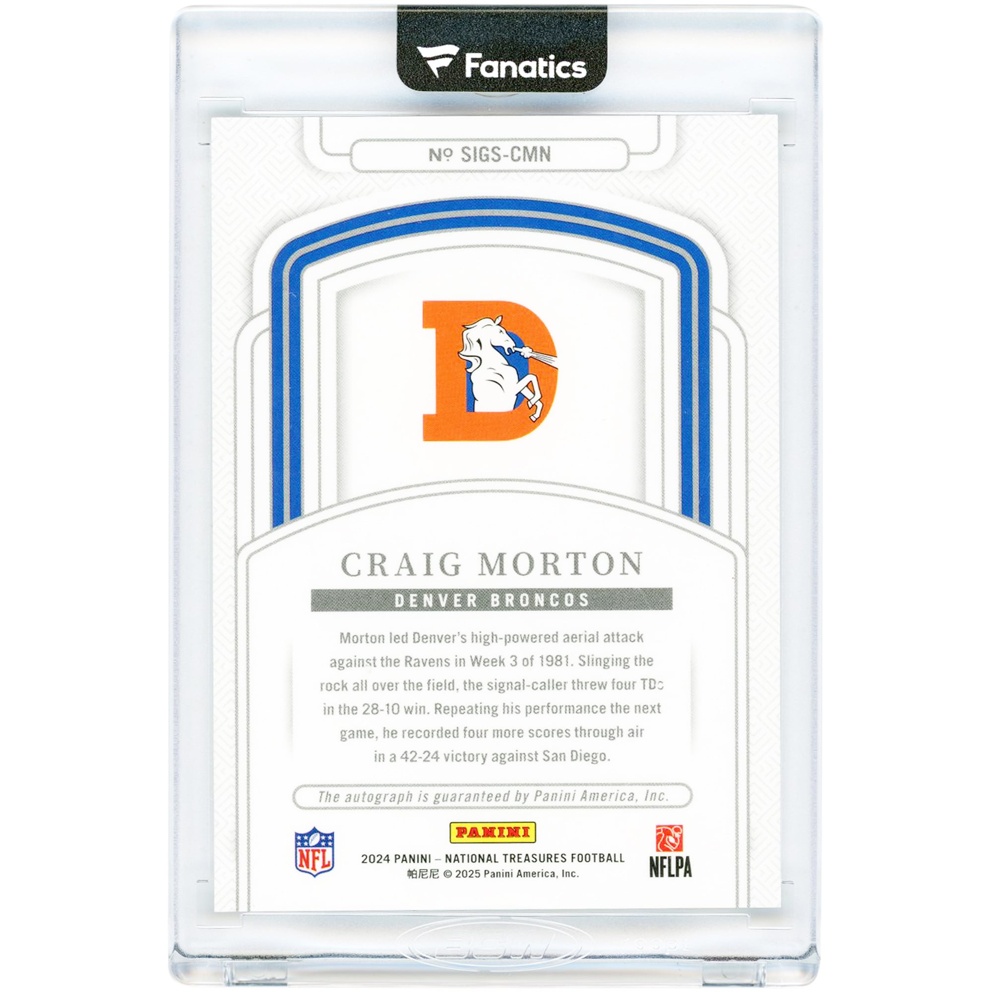 Carte autographiée de Craig Morton (Denver Broncos) 2024 Panini National Treasures Signatures #SIGS-CMN #87/99