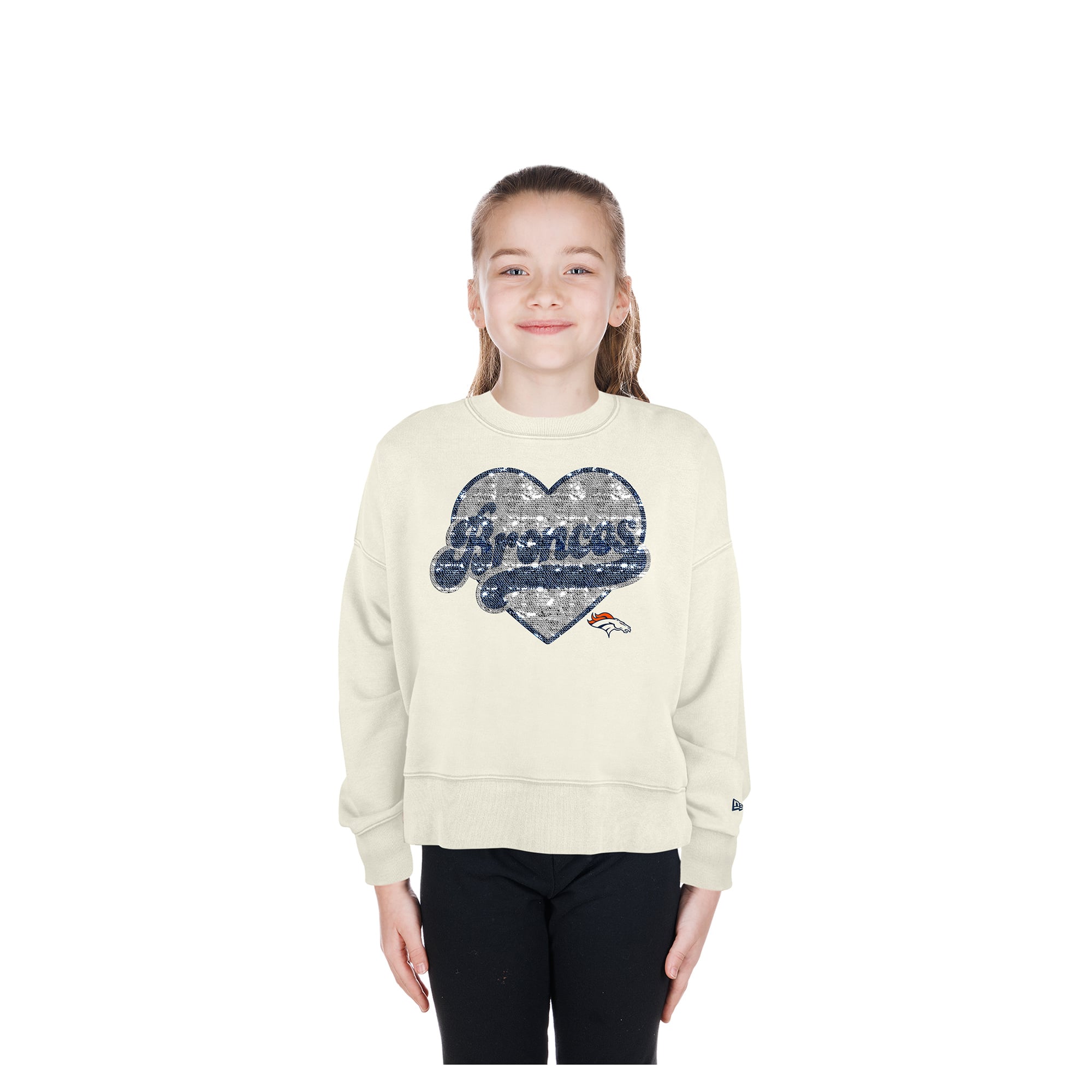 Girls Youth New Era  Light Beige Denver Broncos Flip Sequin Crewneck Sweatshirt