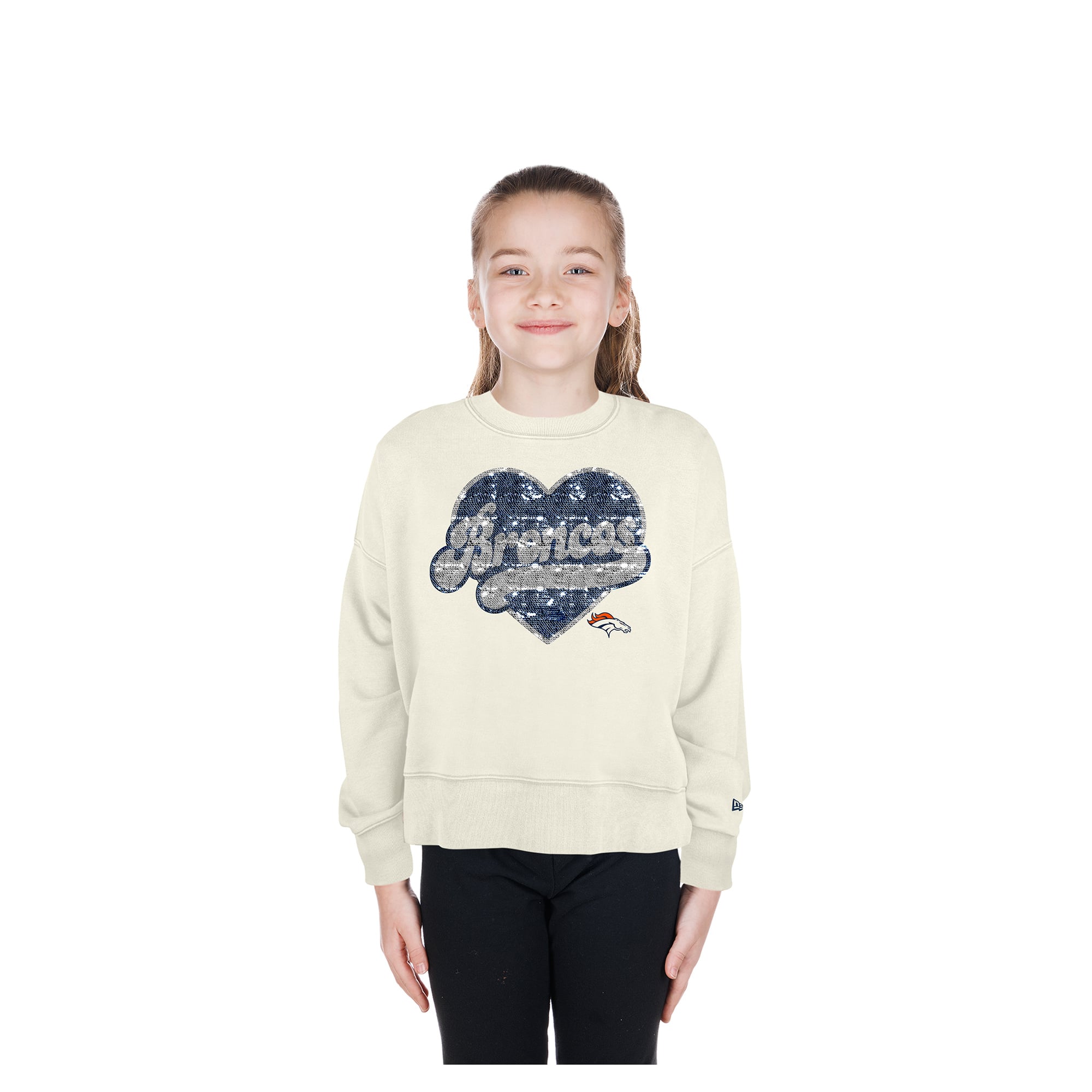 Girls Youth New Era  Light Beige Denver Broncos Flip Sequin Crewneck Sweatshirt