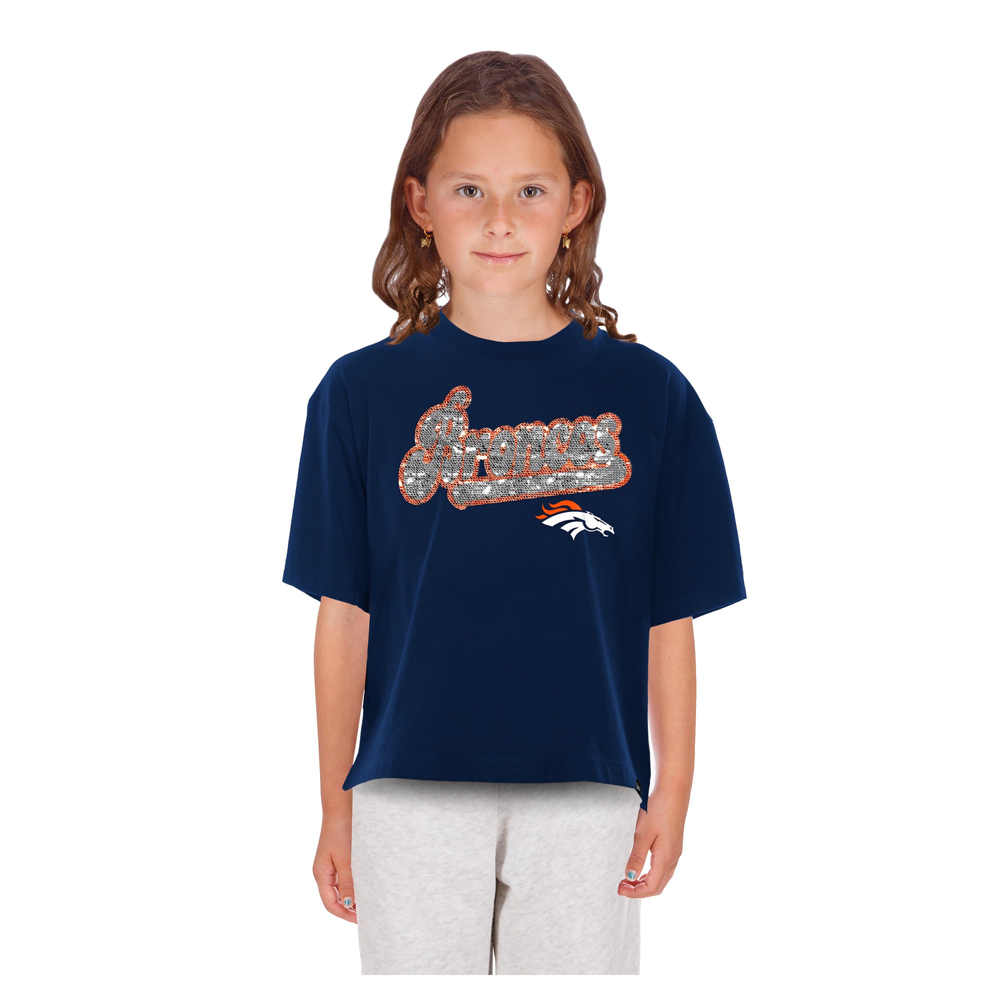 T-shirt New Era bleu marine Denver Broncos à sequins réversibles pour filles