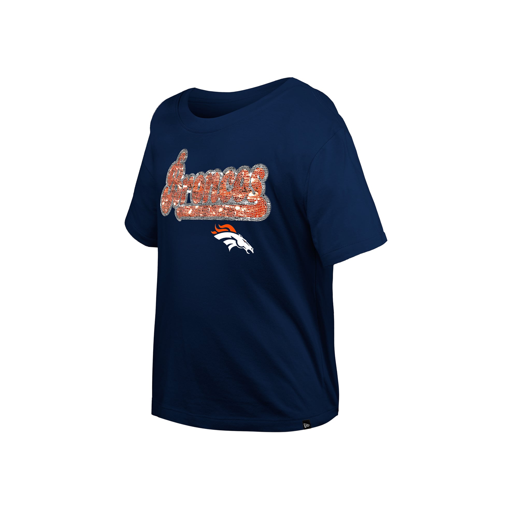 T-shirt New Era bleu marine Denver Broncos à sequins réversibles pour filles