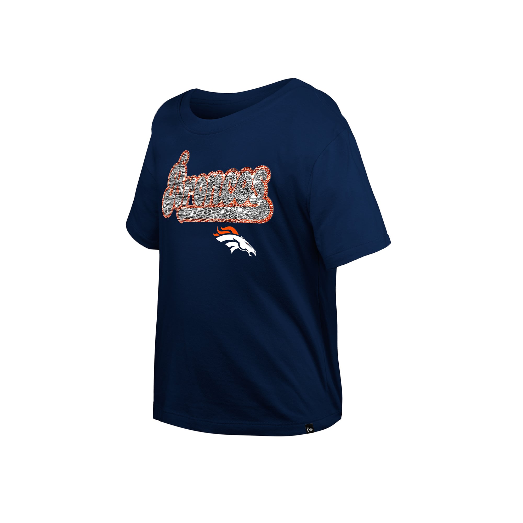 T-shirt New Era bleu marine Denver Broncos à sequins réversibles pour filles