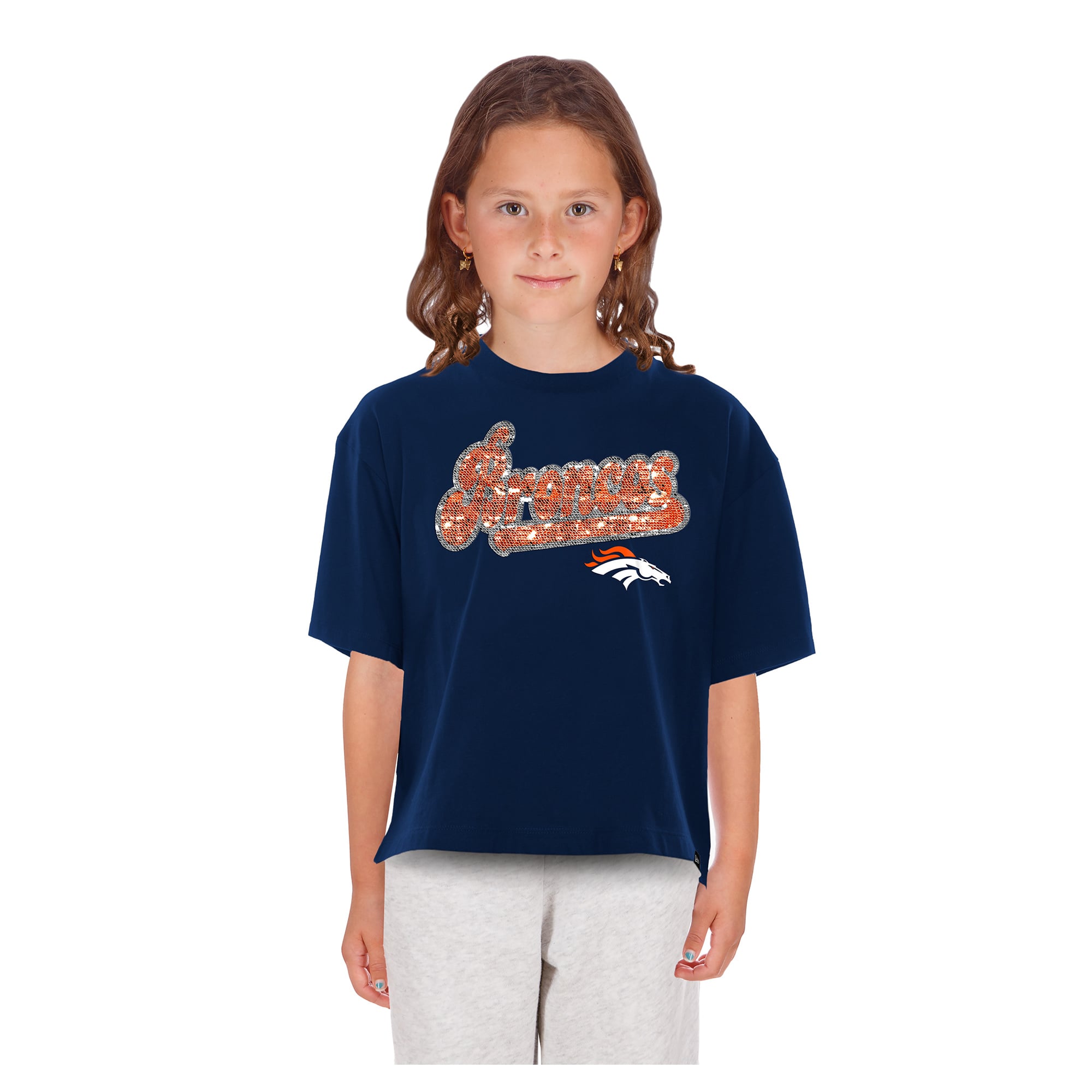 T-shirt New Era bleu marine Denver Broncos à sequins réversibles pour filles