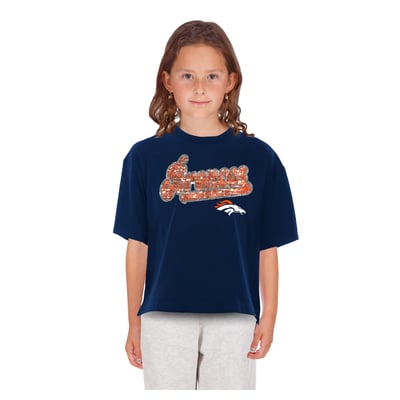  Denver Broncos New Era Girls  Youth Flip Sequin Boxy T-Shirt - Navy