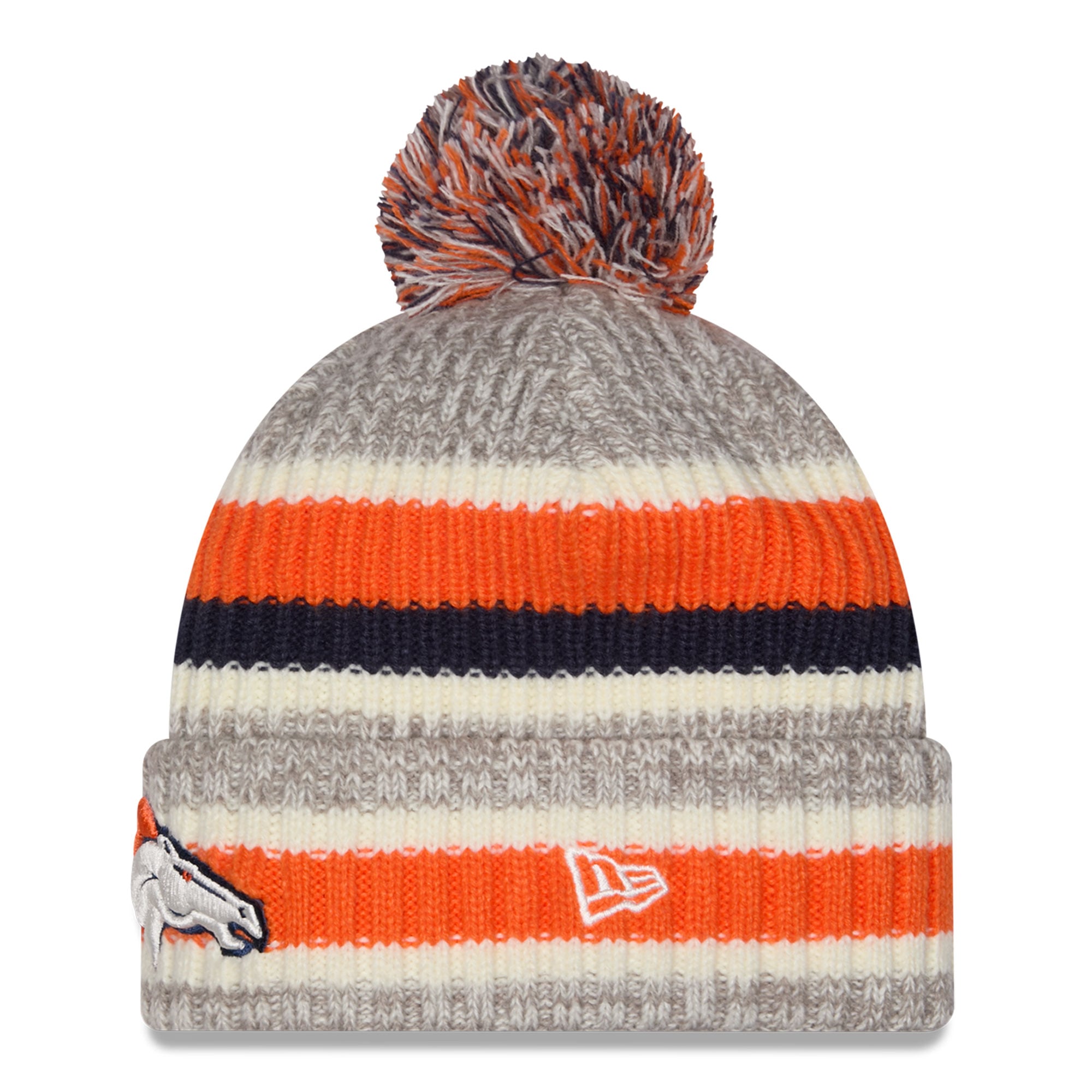 Bonnet à revers rayé Denver Broncos orange/beige New Era pour filles avec pompon