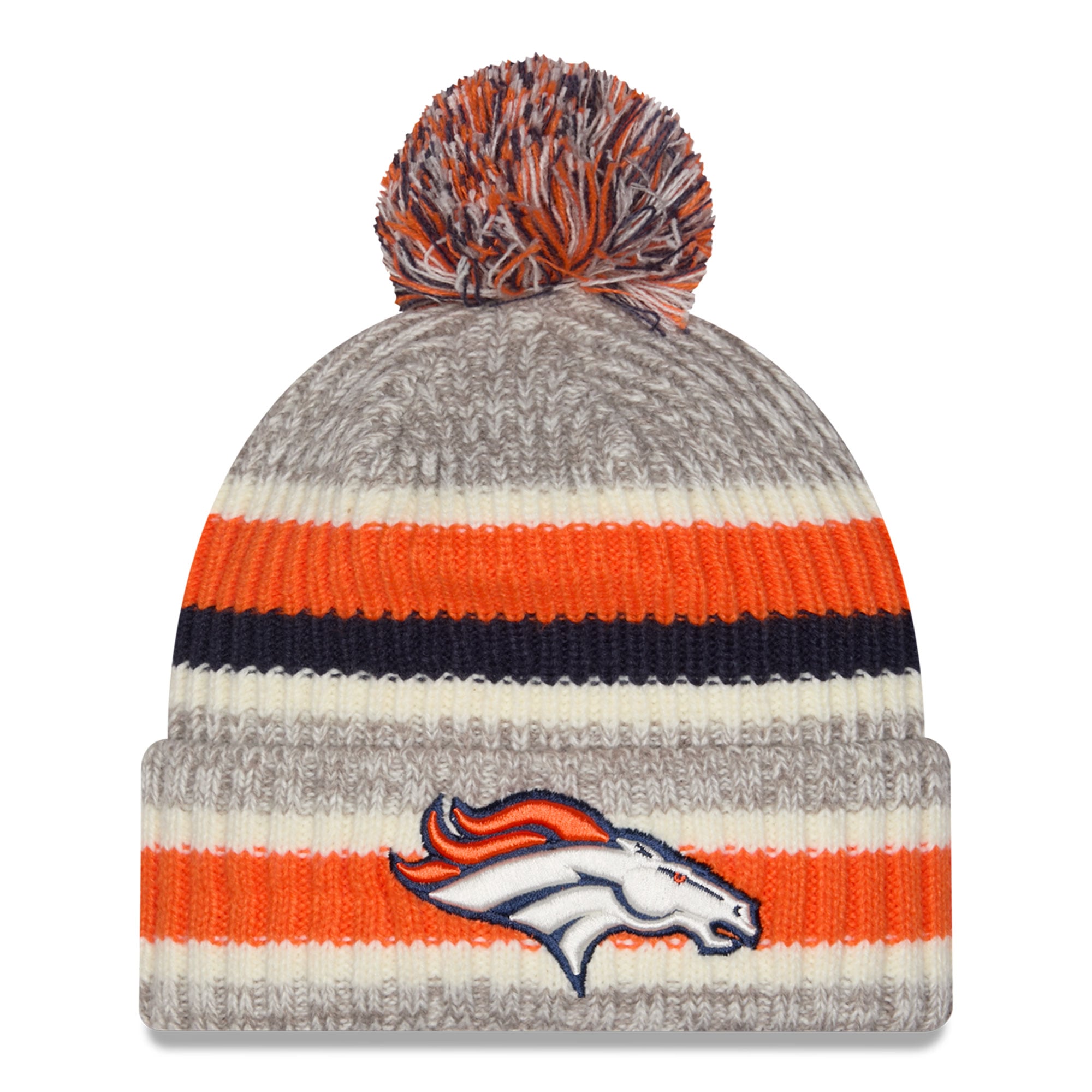 Bonnet à revers rayé Denver Broncos orange/beige New Era pour filles avec pompon