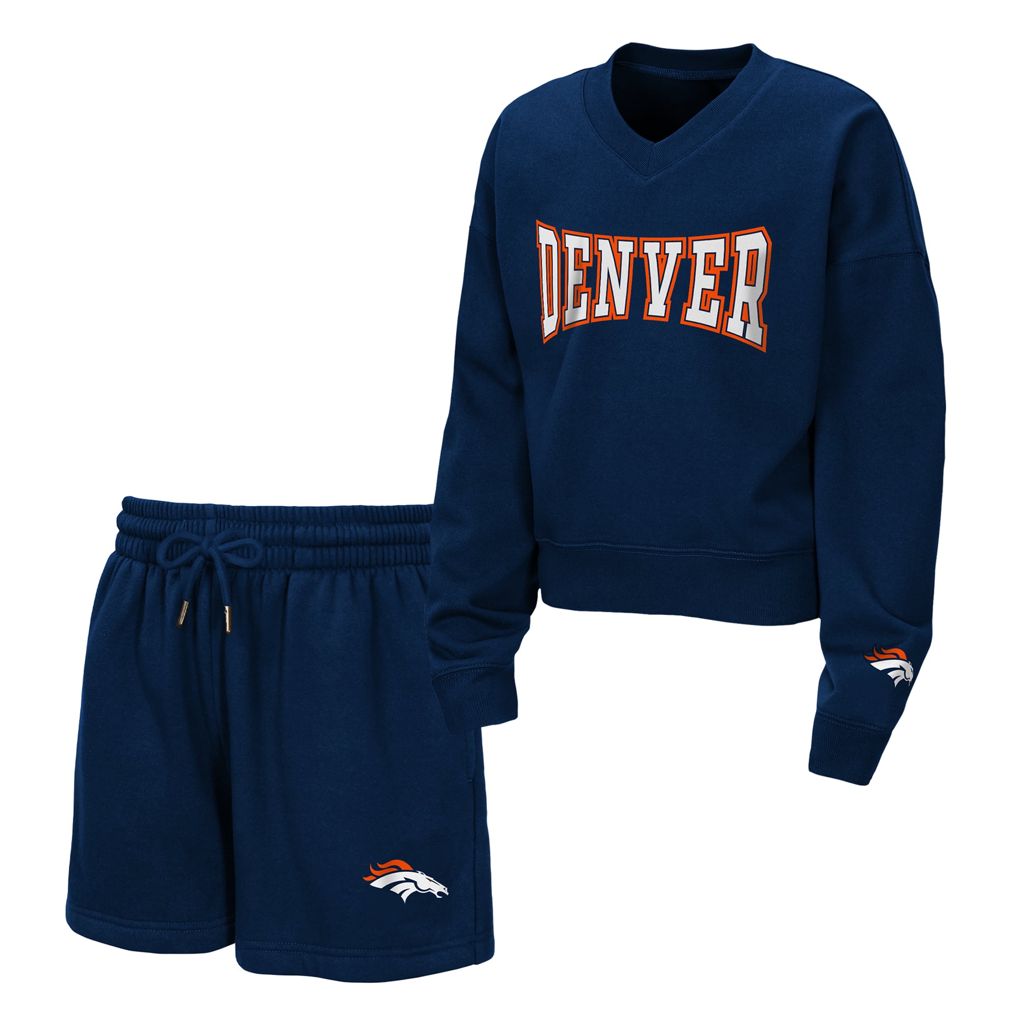 Ensemble sweat-shirt et short en polaire à col V Denver Broncos Red Zone bleu marine de la marque WEAR by Erin Andrews pour jeunes filles