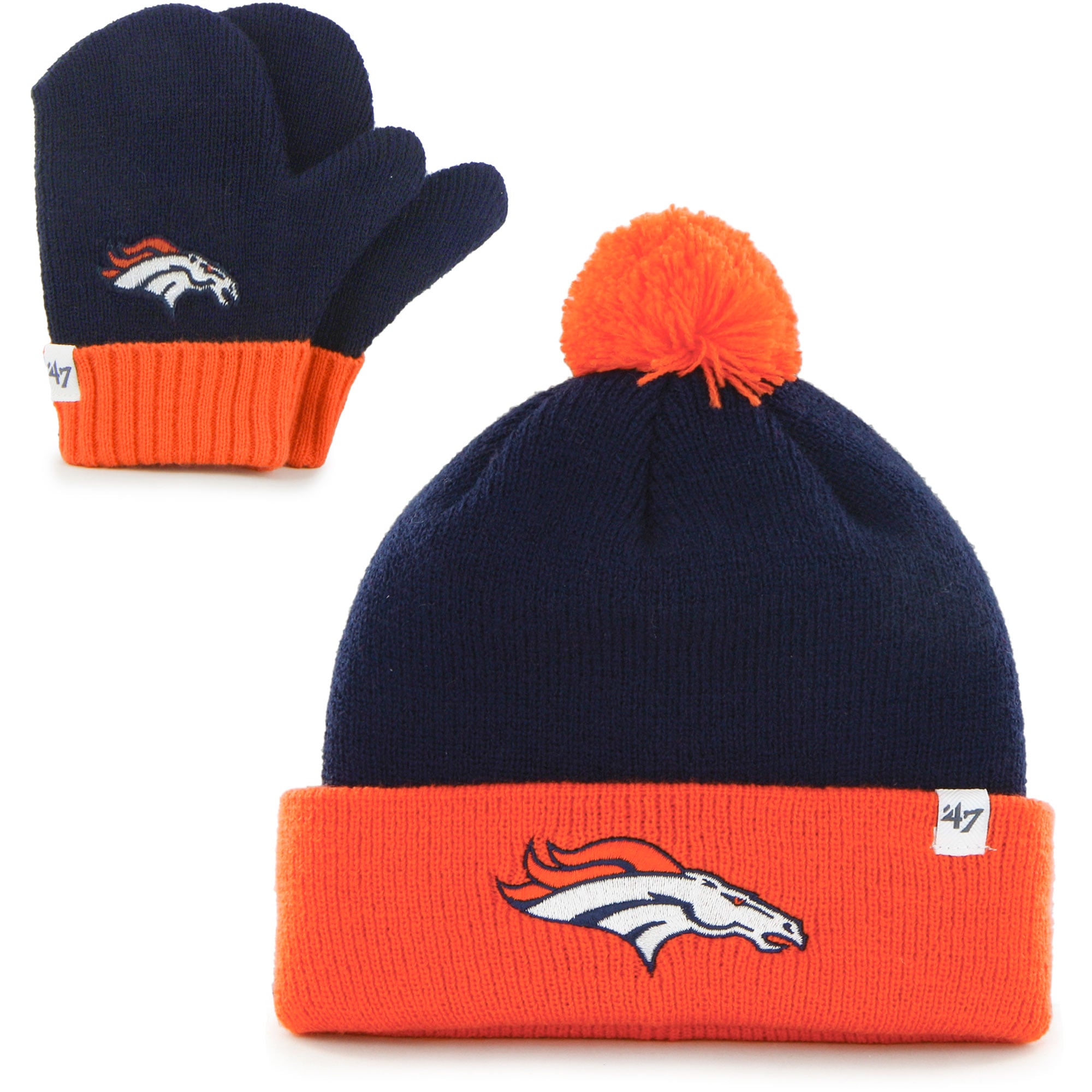 Ensemble bonnet à revers et moufles Denver Broncos Bam Bam bleu marine/orange pour bébé