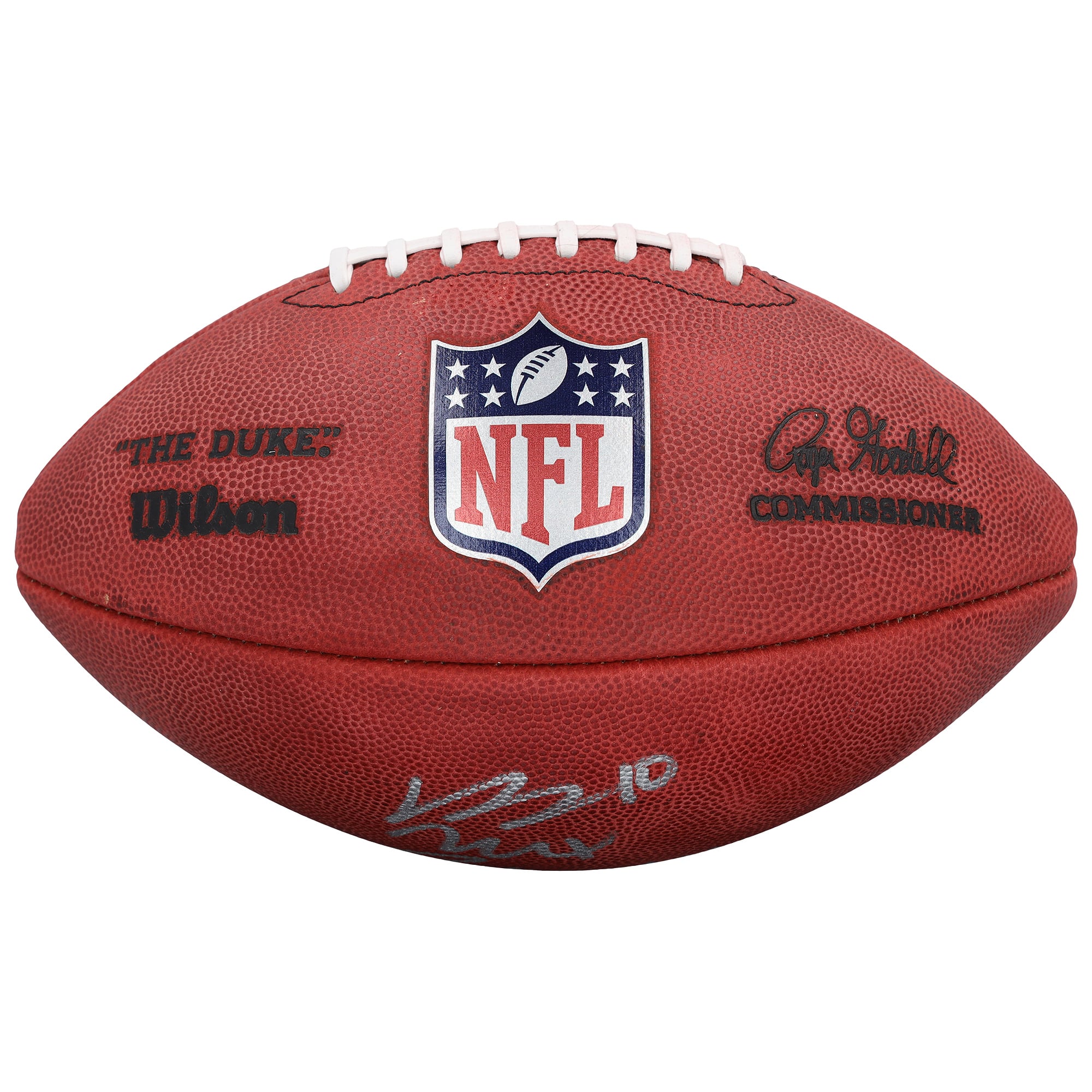 Ballon de football américain Duke en couleur, autographié par Jaylen Waddle et Bo Nix (Denver Broncos).