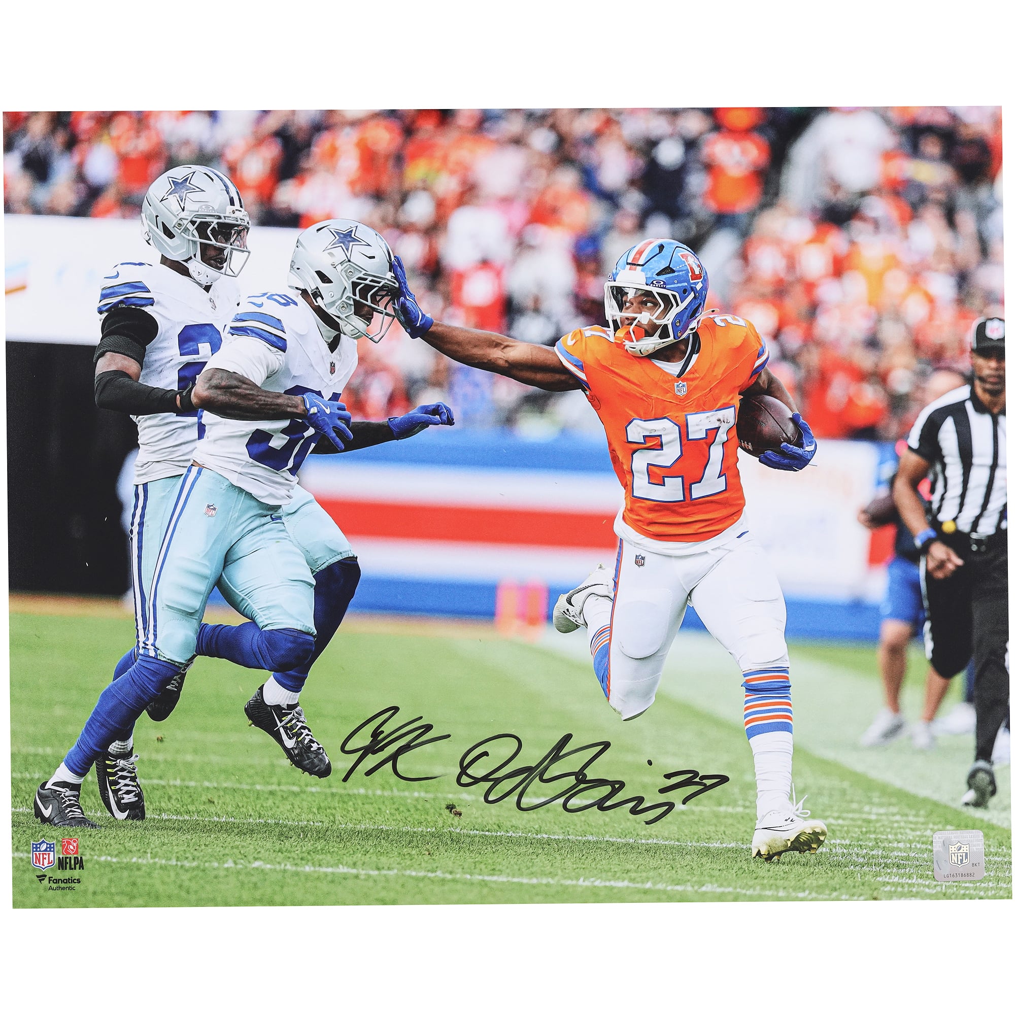 J.K. Dobbins Denver Broncos Autographed 16" x 20" Stiff Arm vs. Dallas Cowboys Photograph