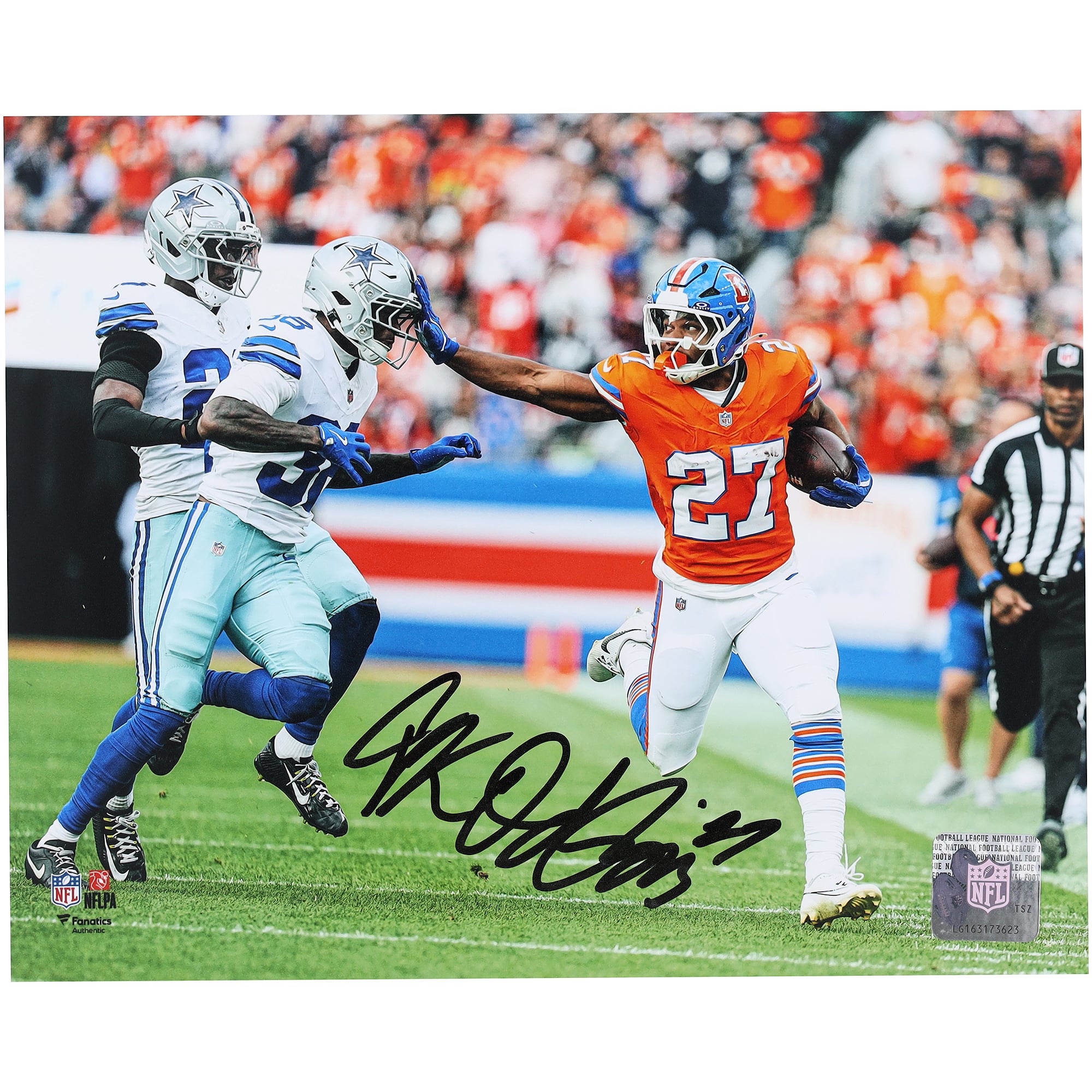 J.K. Dobbins Denver Broncos Autographed 8" x 10" Stiff Arm vs. Dallas Cowboys Photograph