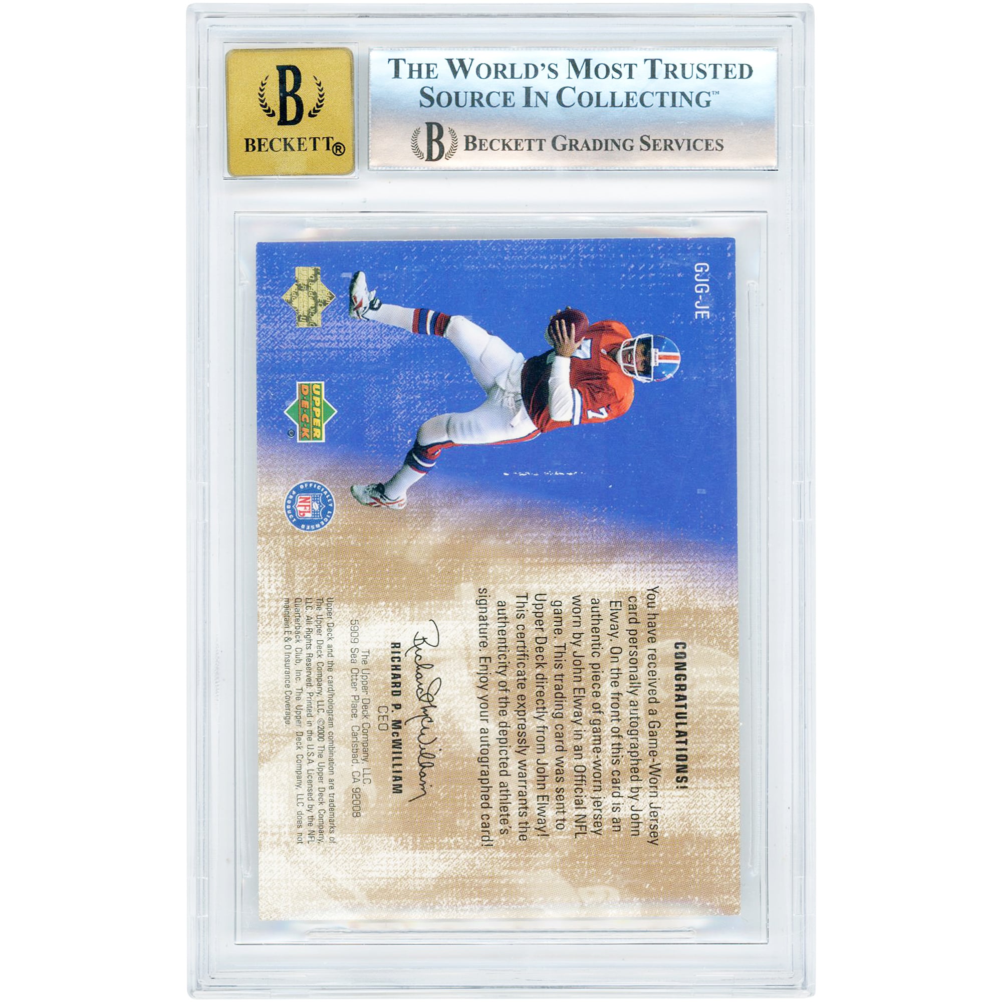 John Elway Denver Broncos Autographed 2000 Upper Deck Greats Game-Used Jersey Relic #GJG-JE BGS Authenticated 8.5/10 Card - 9.5,9,9,8 Subgrades