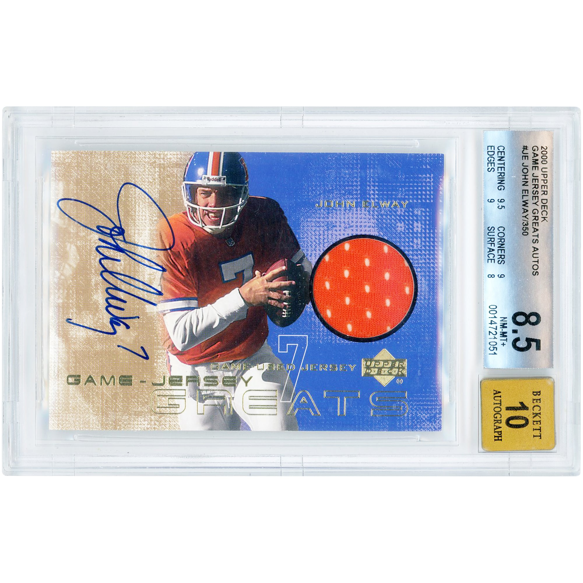 John Elway Denver Broncos Autographed 2000 Upper Deck Greats Game-Used Jersey Relic #GJG-JE BGS Authenticated 8.5/10 Card - 9.5,9,9,8 Subgrades