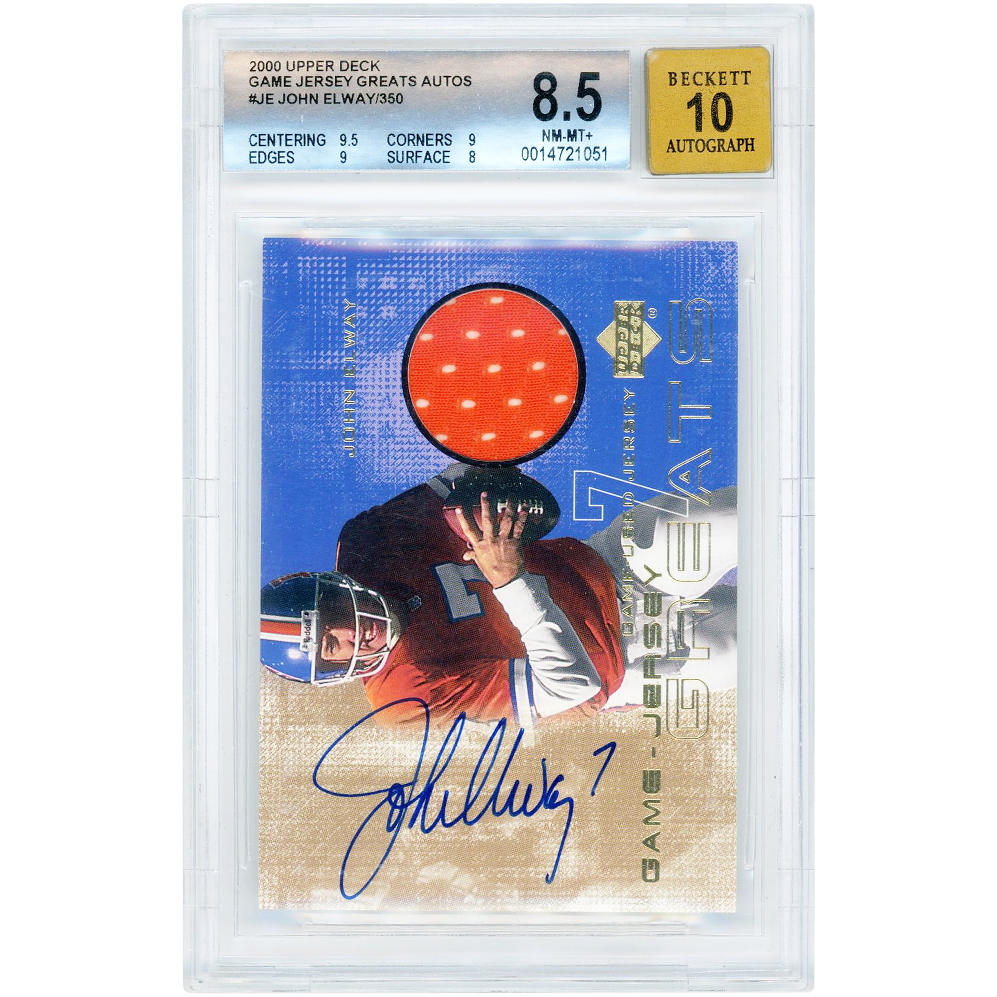 John Elway Denver Broncos Autographed 2000 Upper Deck Greats Game-Used Jersey Relic #GJG-JE BGS Authenticated 8.5/10 Card - 9.5,9,9,8 Subgrades
