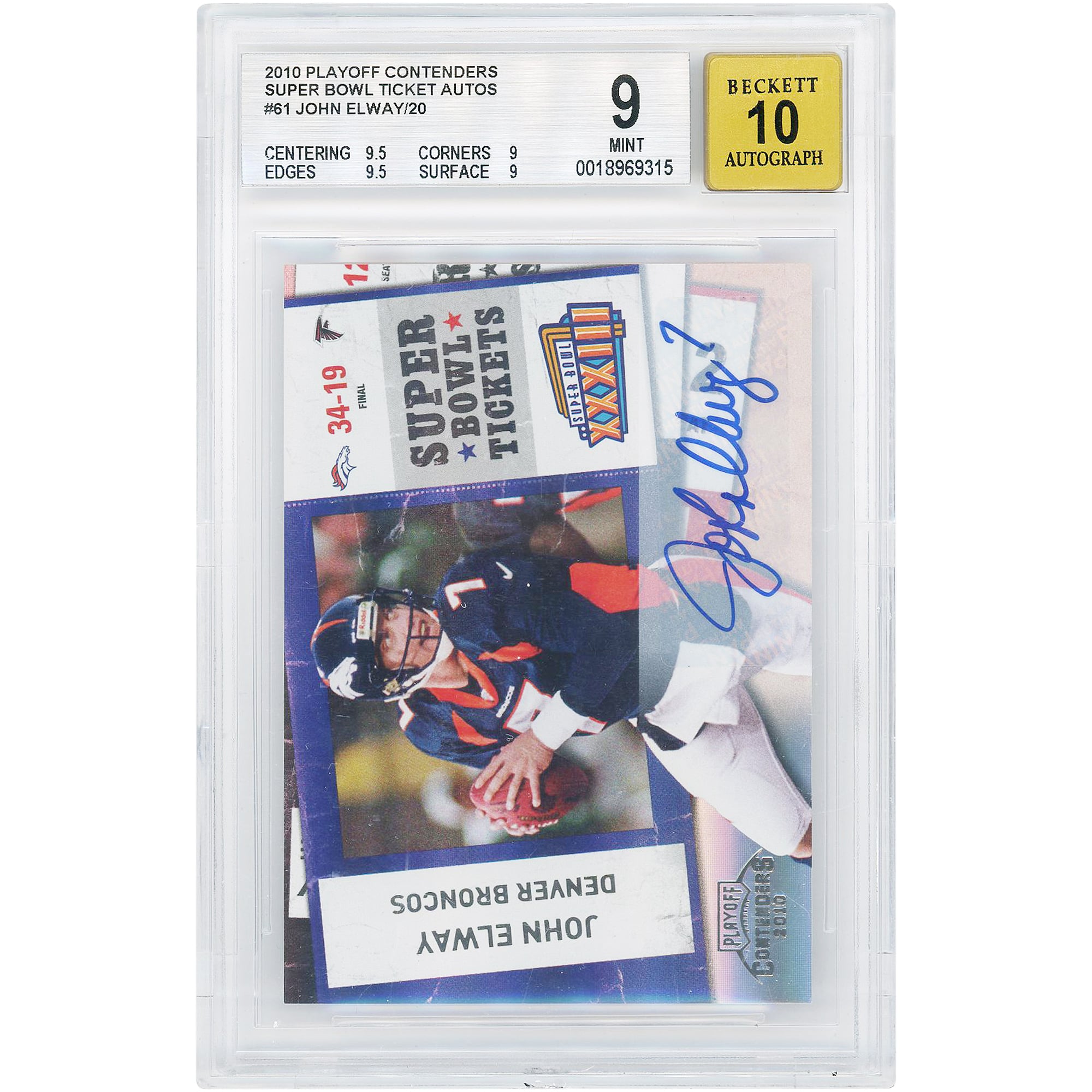 John Elway Denver Broncos Autographed 2010 Panini Playoff Contenders Super Bowl Ticket #61 BGS Authenticated 9/10 Card - 9.5,9,9.5,9 Subgrades