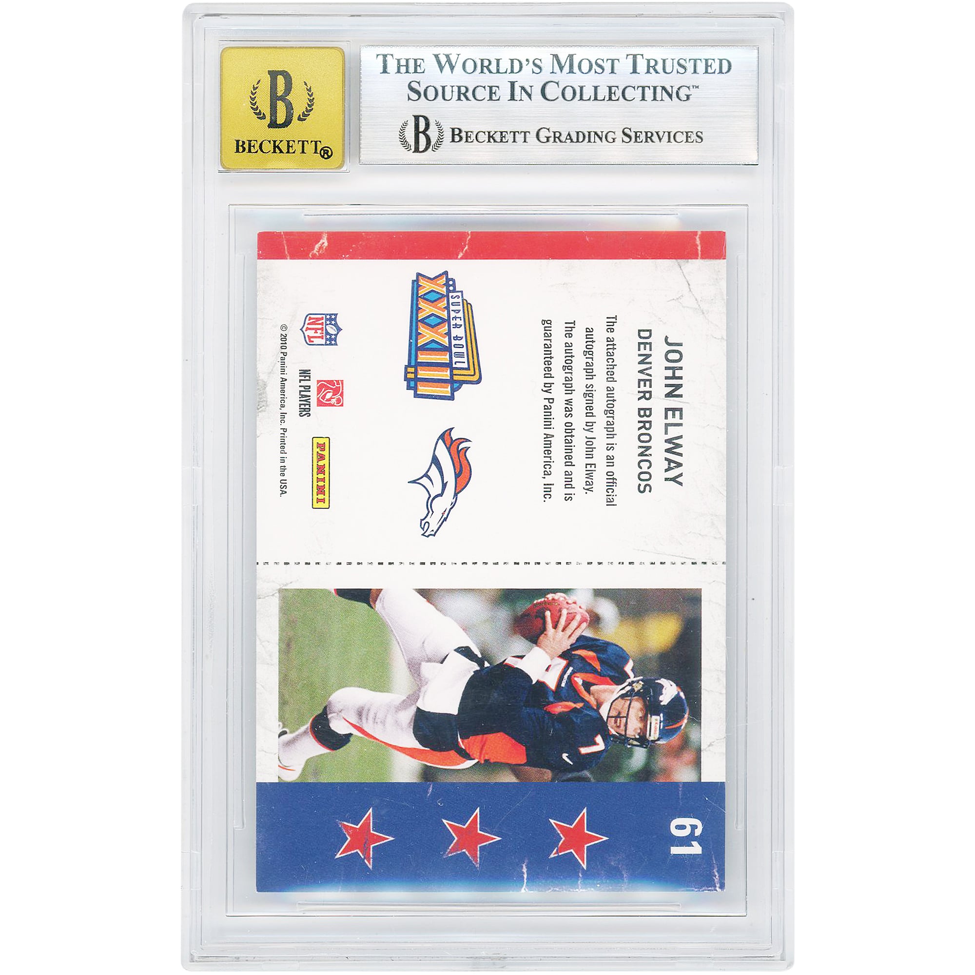 John Elway Denver Broncos Autographed 2010 Panini Playoff Contenders Super Bowl Ticket #61 BGS Authenticated 9/10 Card - 9.5,9,9.5,9 Subgrades