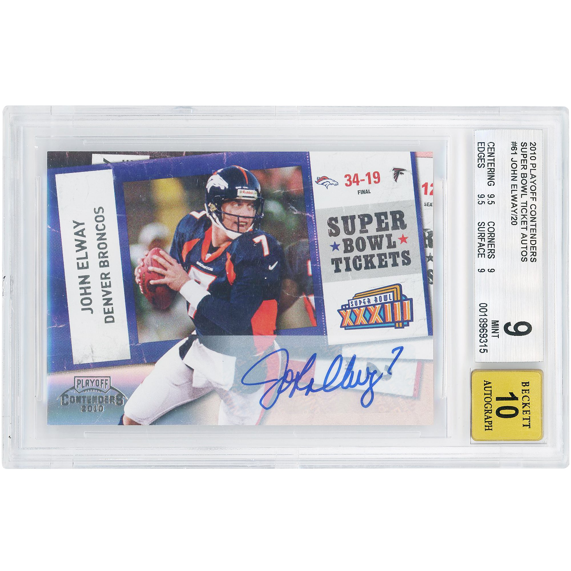 John Elway Denver Broncos Autographed 2010 Panini Playoff Contenders Super Bowl Ticket #61 BGS Authenticated 9/10 Card - 9.5,9,9.5,9 Subgrades